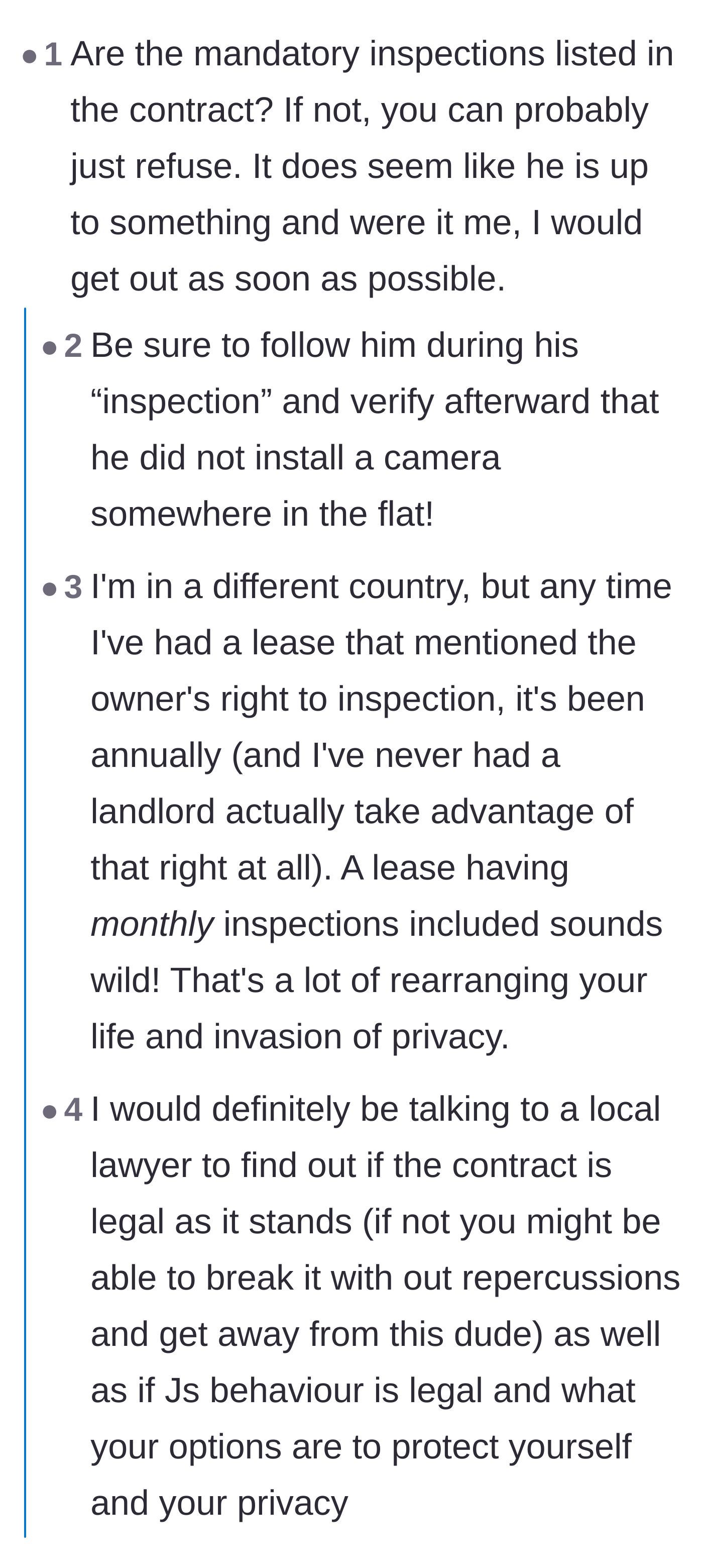 Comment thread 2 - Debating the legality of monthly inspections and sharing international tenant rights comparisons.