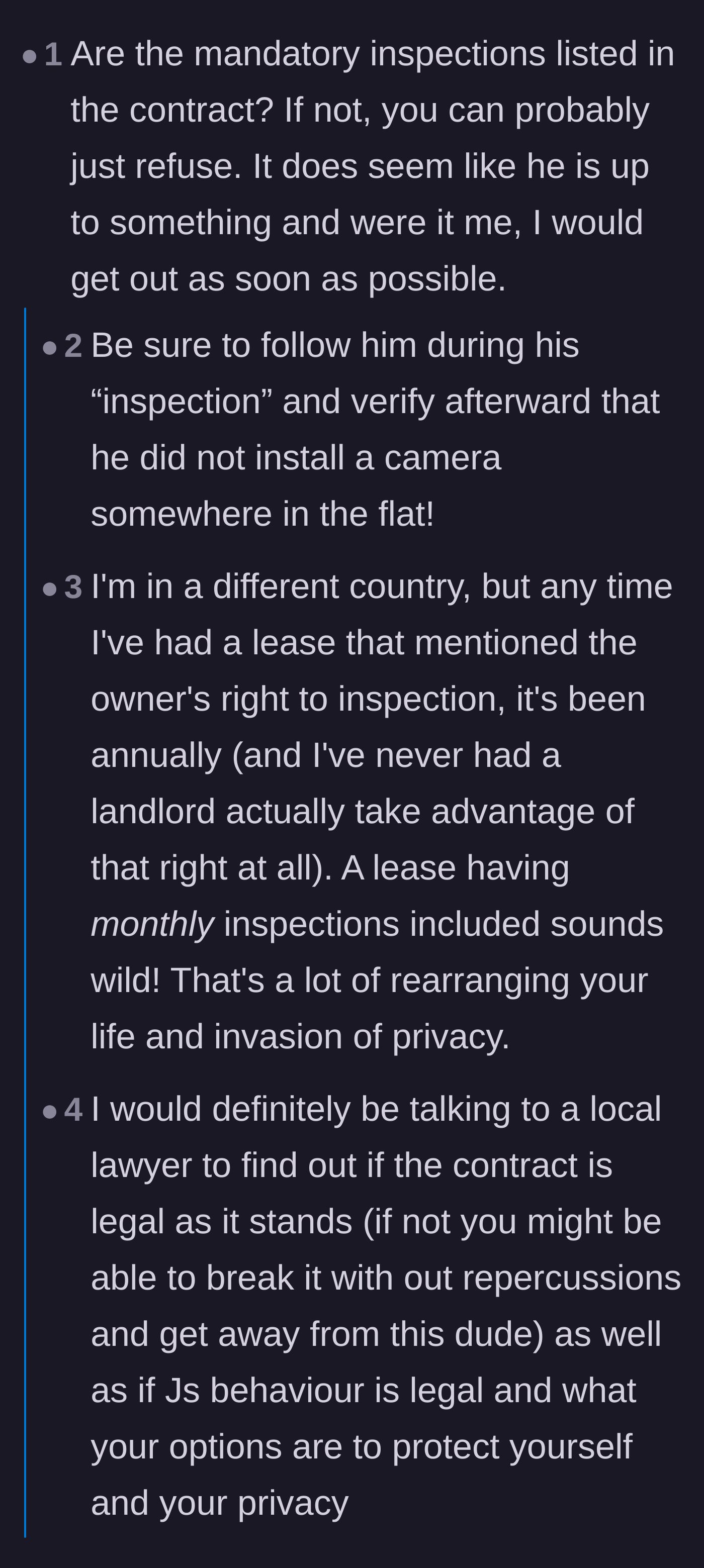 Comment thread 2 - Debating the legality of monthly inspections and sharing international tenant rights comparisons.