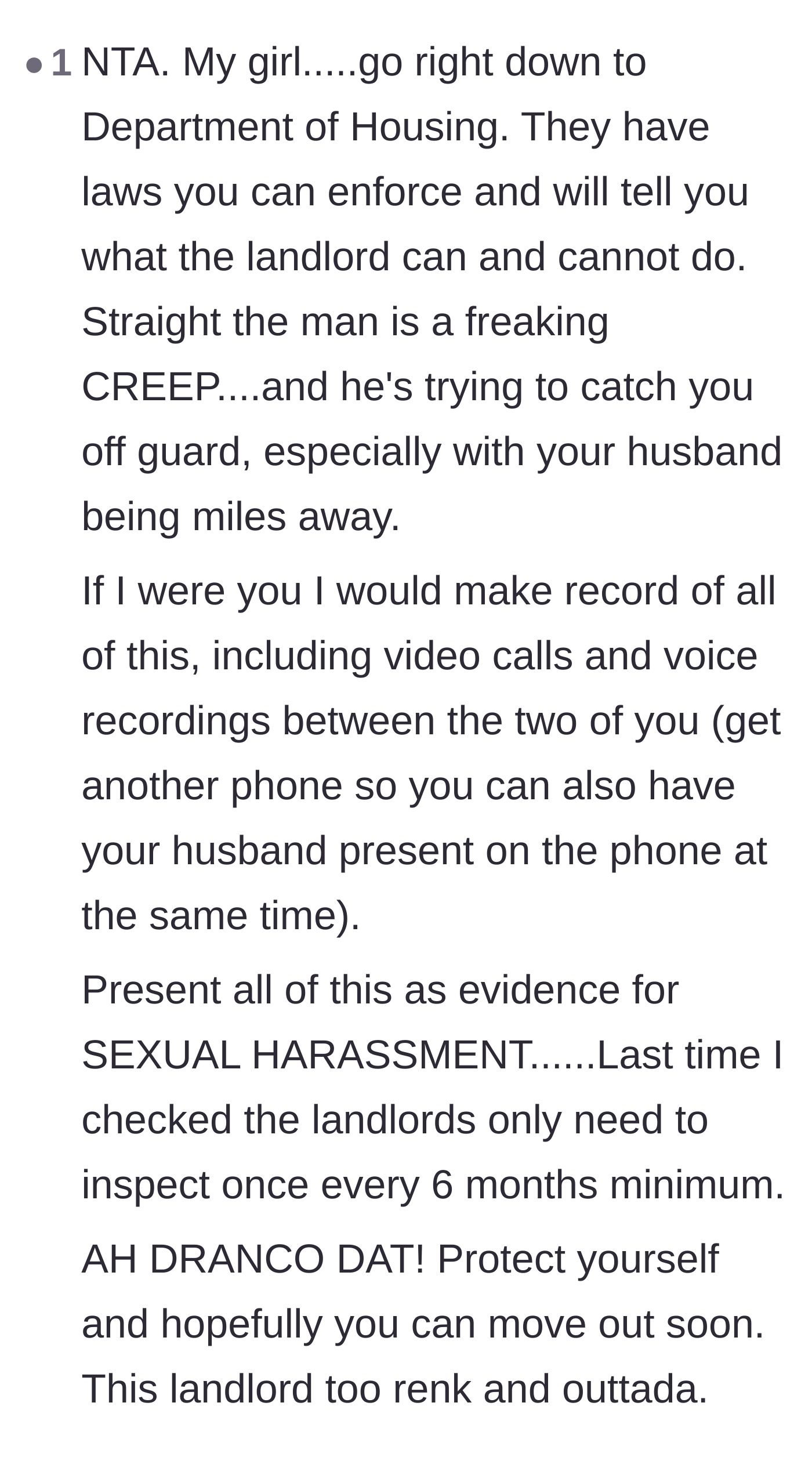 Comment thread 3 - Urging the tenant to contact housing authorities and document everything as potential harassment.