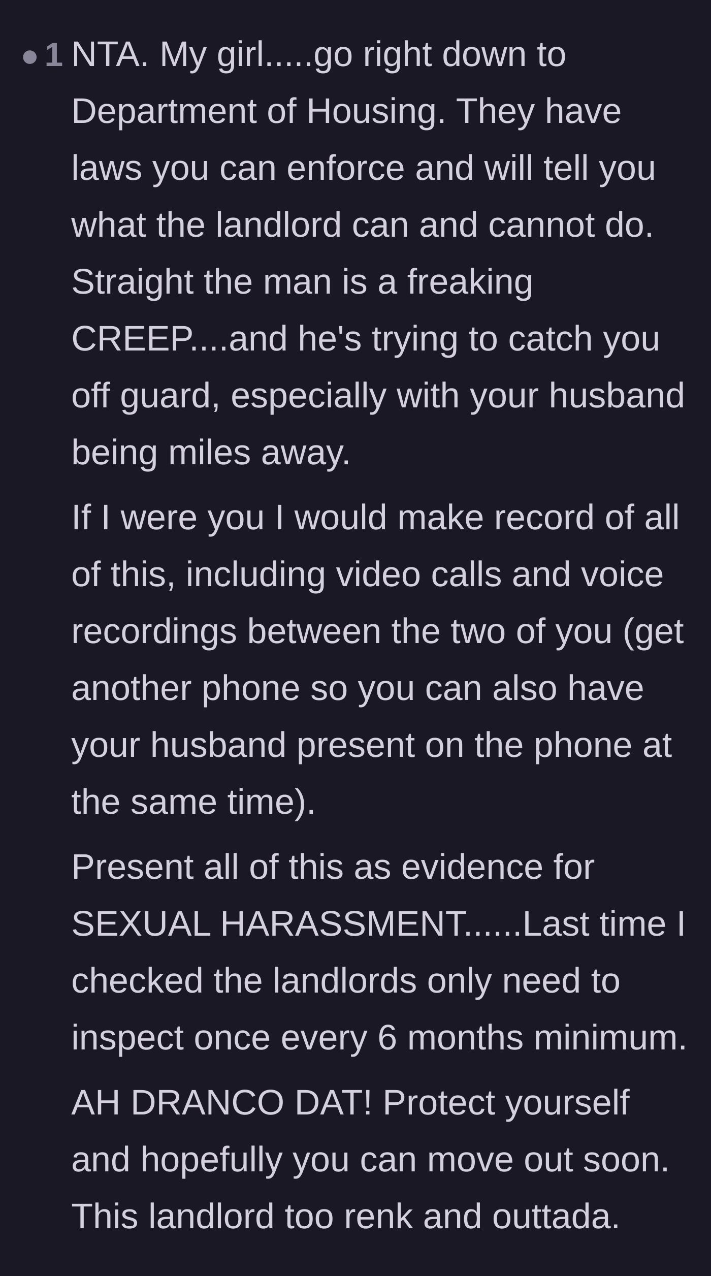 Comment thread 3 - Urging the tenant to contact housing authorities and document everything as potential harassment.