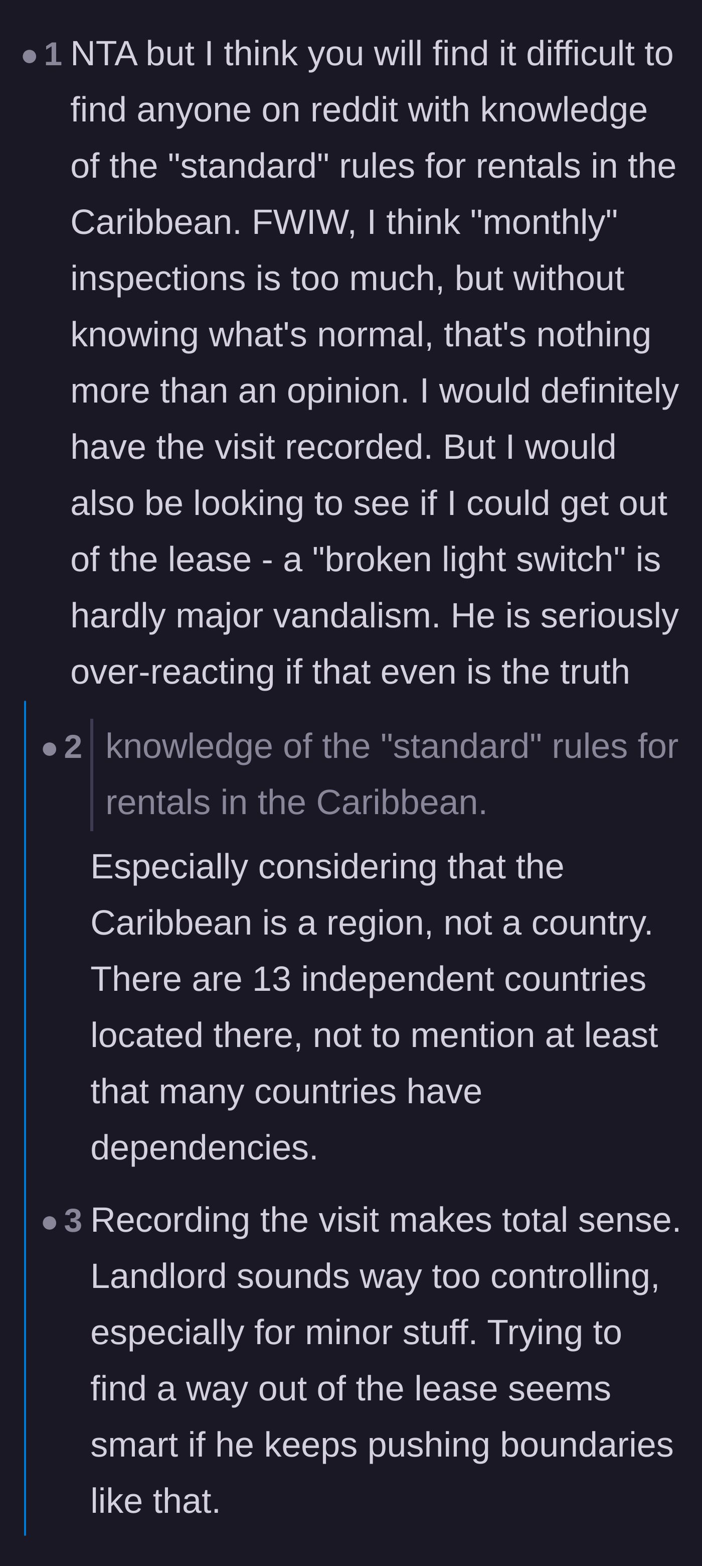 Comment thread 6 - Pointing out the absurdity of the broken light switch excuse and the difficulty of applying blanket legal advice.