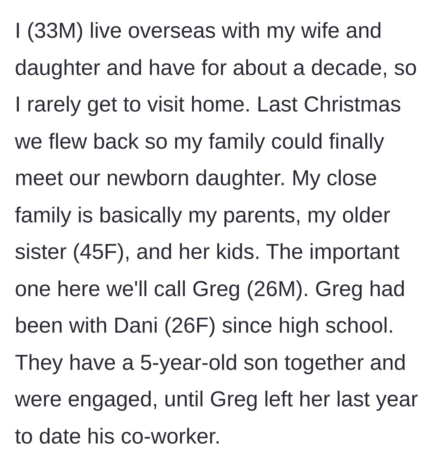 Story part 1 - A 33-year-old uncle introduces the family tree and explains his nephew Greg's recent split from his fiancée, Dani.