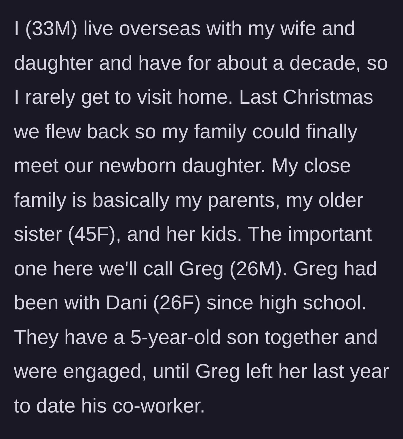 Story part 1 - A 33-year-old uncle introduces the family tree and explains his nephew Greg's recent split from his fiancée, Dani.