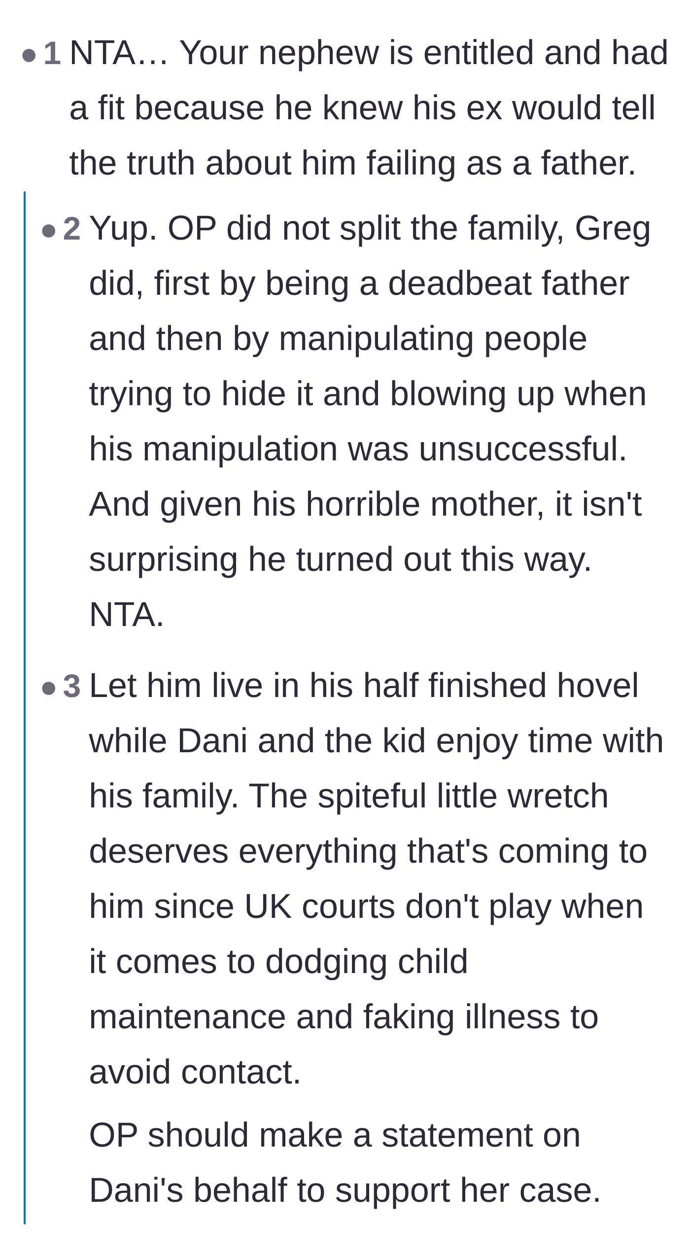 Comment thread 1 - Readers condemning the nephew's deadbeat behavior and anticipating the harsh legal consequences he faces in the UK family courts.