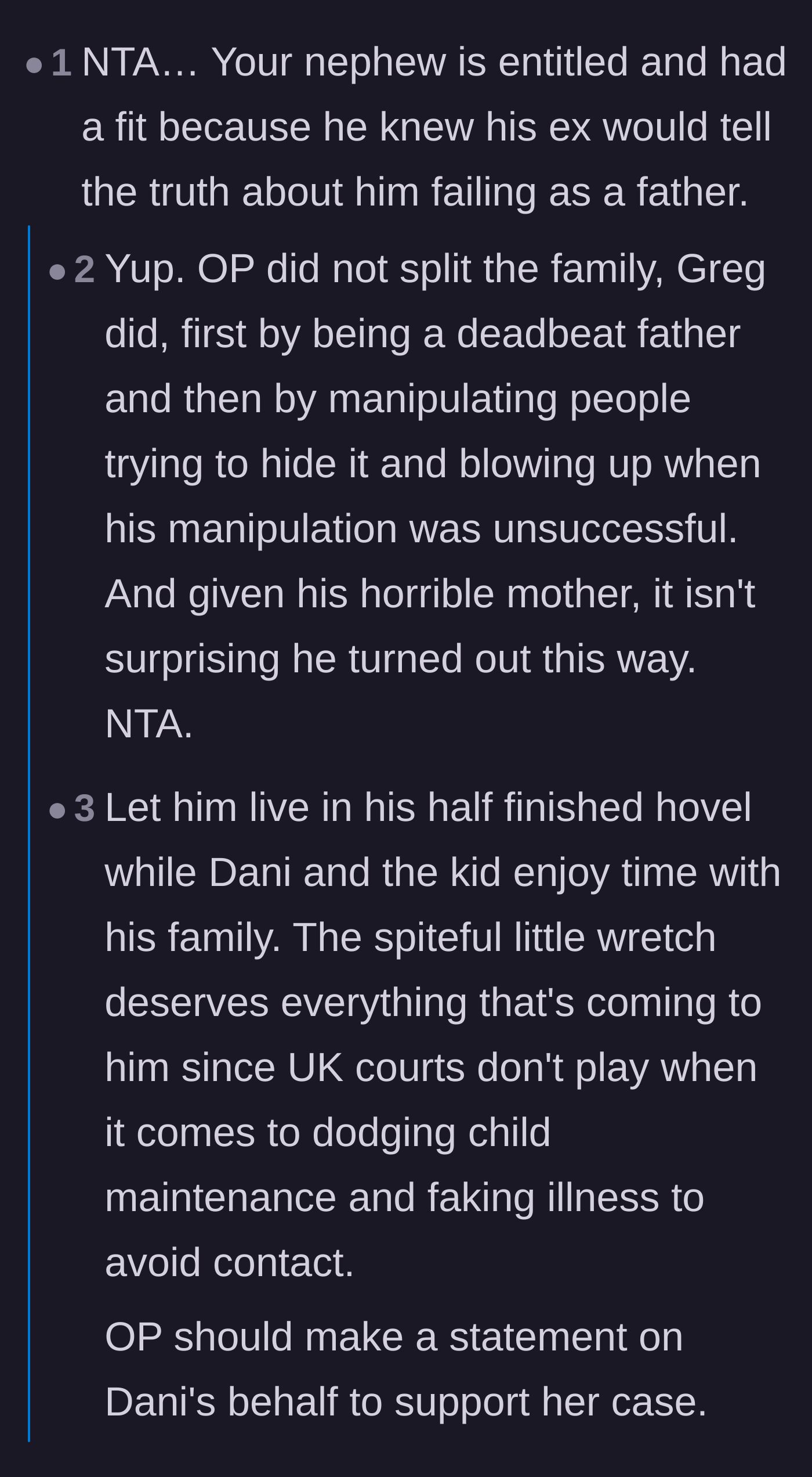 Comment thread 1 - Readers condemning the nephew's deadbeat behavior and anticipating the harsh legal consequences he faces in the UK family courts.
