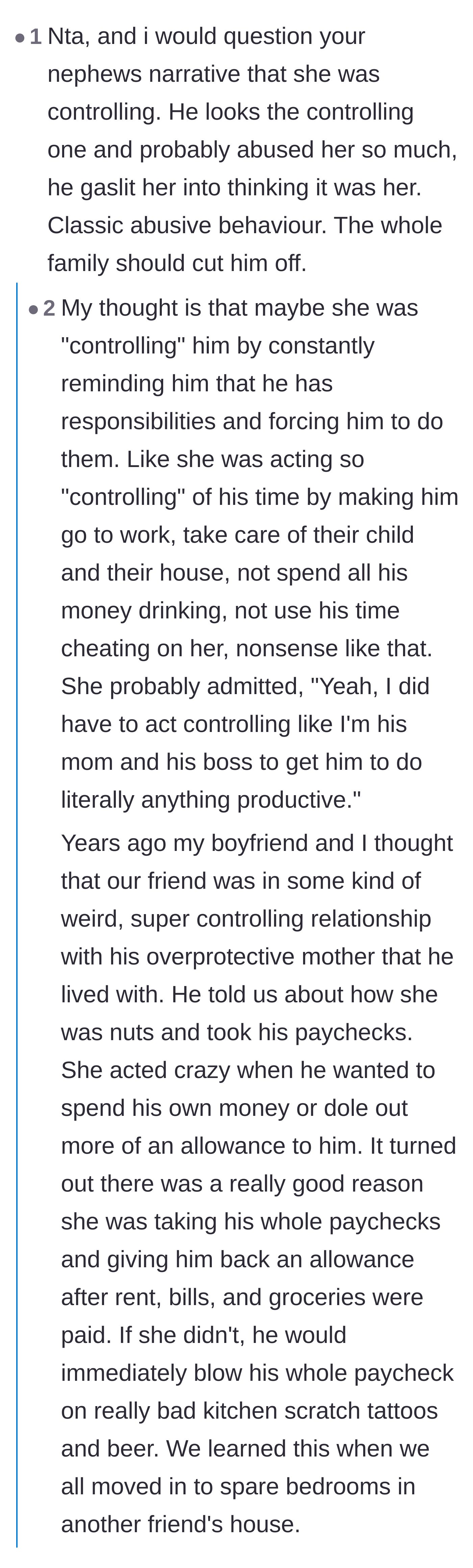 Comment thread 4 - Readers dismantling the nephew's claim that his ex was 'controlling,' noting she was likely just demanding basic adult accountability.