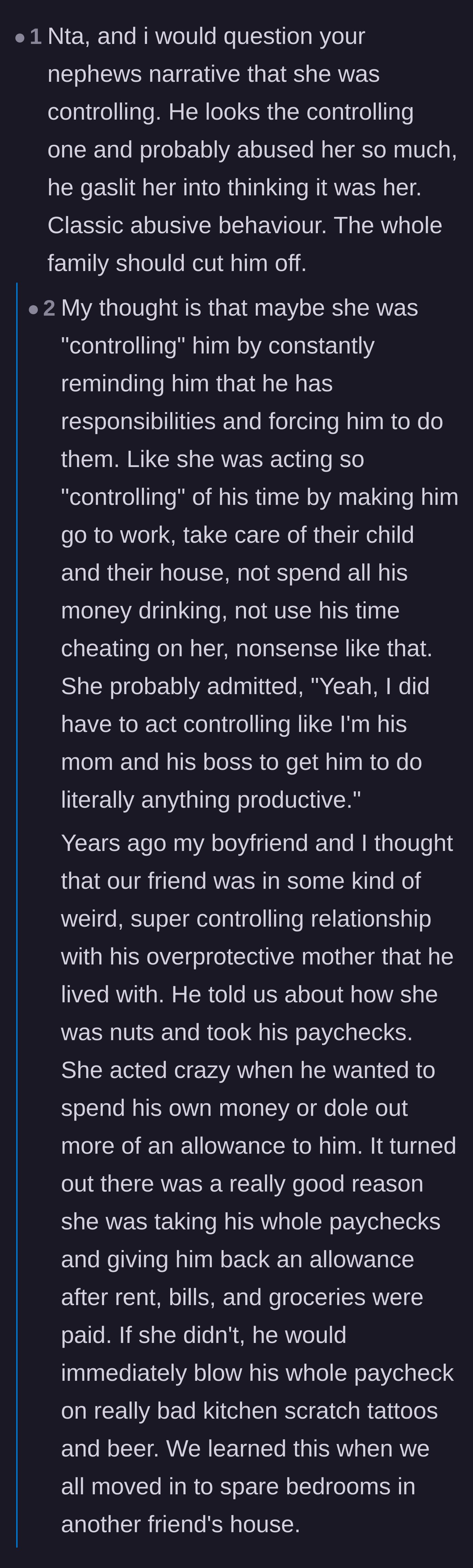 Comment thread 4 - Readers dismantling the nephew's claim that his ex was 'controlling,' noting she was likely just demanding basic adult accountability.