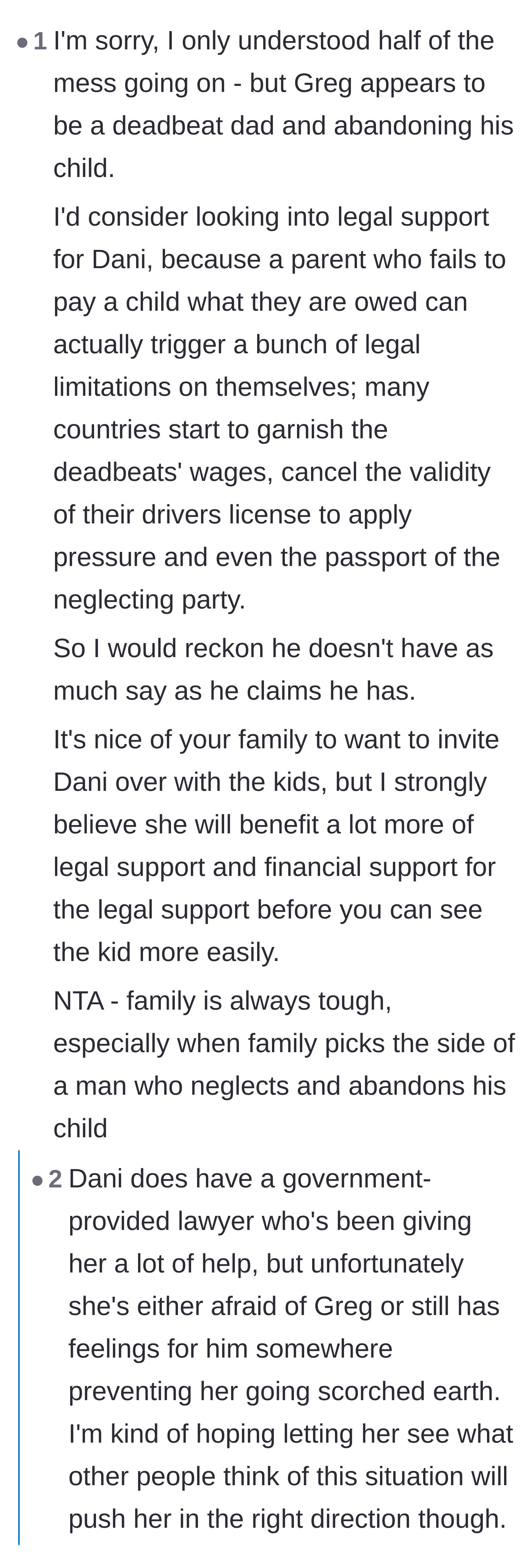 Comment thread 6 - Encouragement for the ex-fiancée to secure legal counsel and pursue the child support her son rightfully deserves.