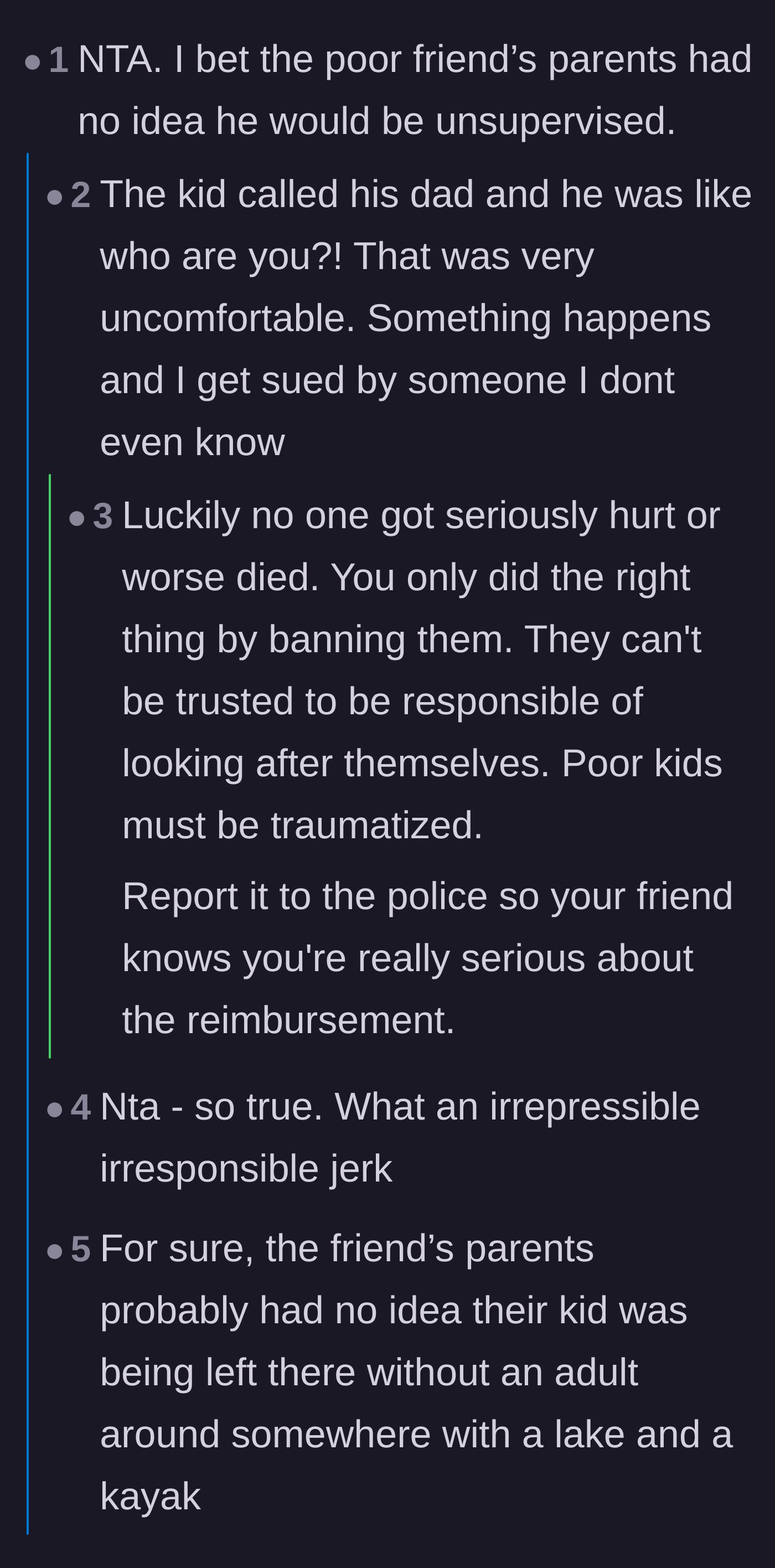 Comment thread 1 - Advice on protecting against lawsuits and notifying the stranger's parents.