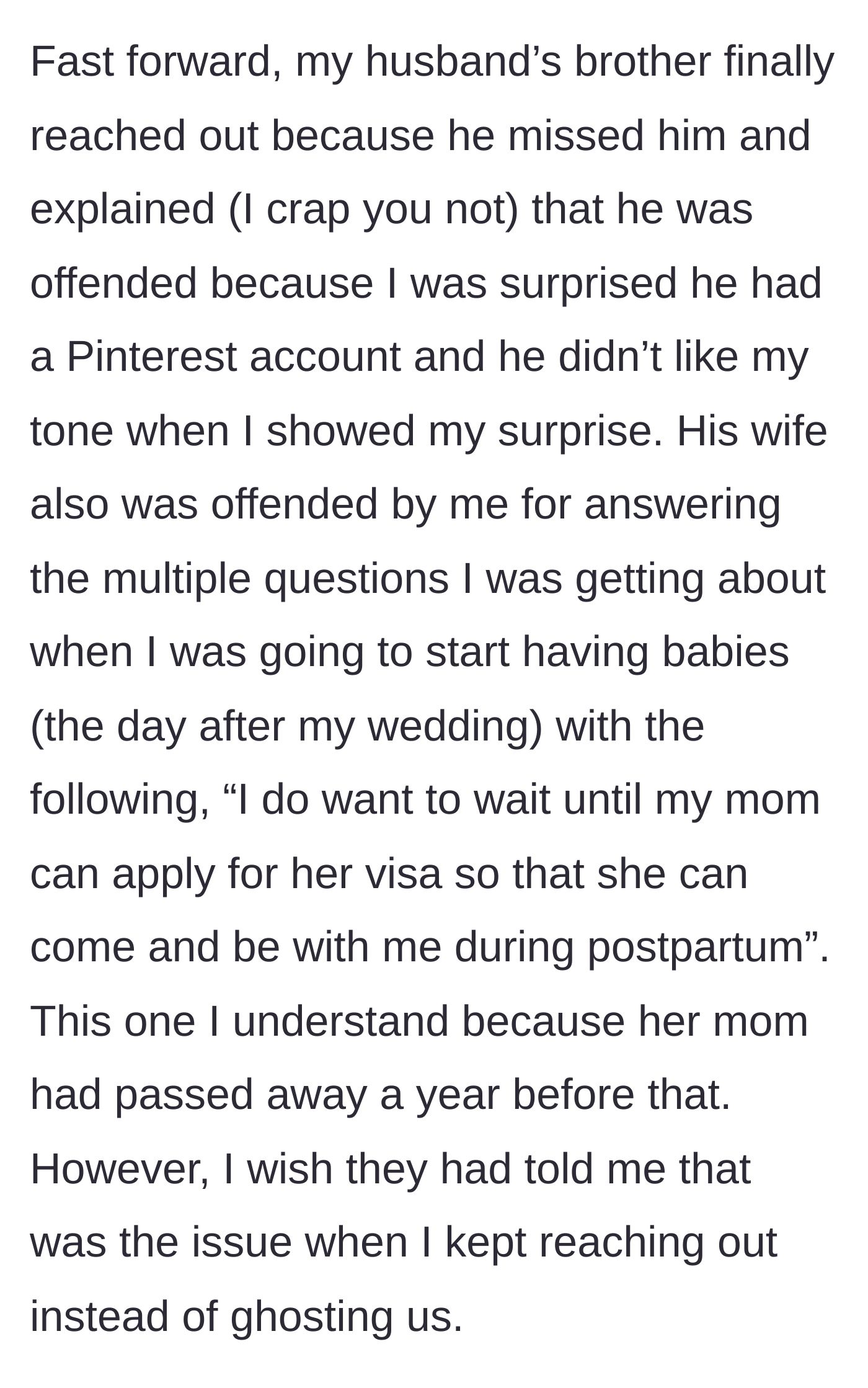 Story part 2 - Text explaining the bizarre reasons for the ghosting, including being offended over a Pinterest account.