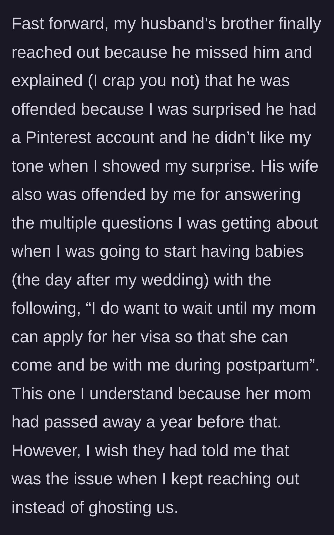 Story part 2 - Text explaining the bizarre reasons for the ghosting, including being offended over a Pinterest account.