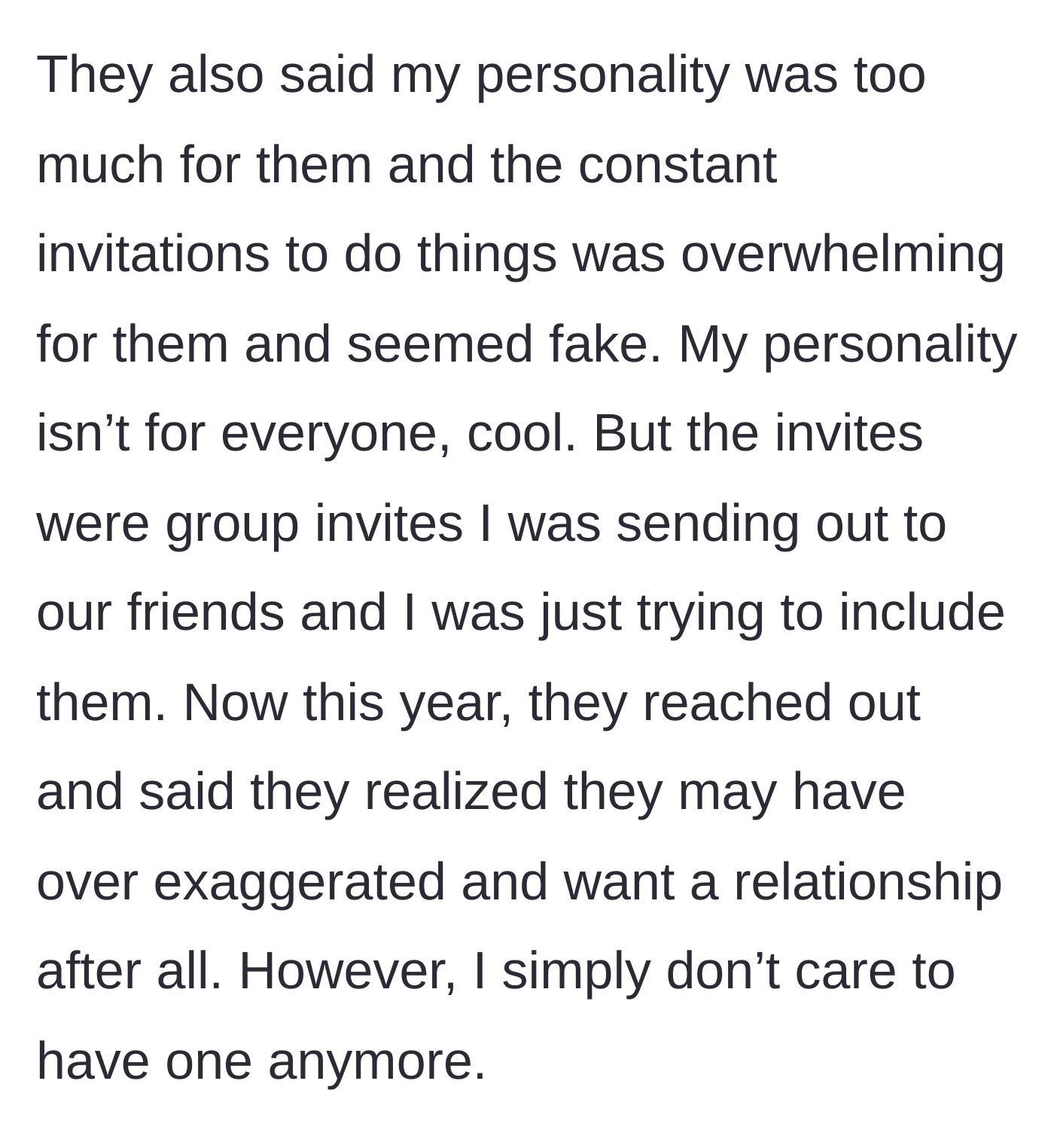 Story part 3 - Text revealing the in-laws thought her personality was too much and group invites were fake.