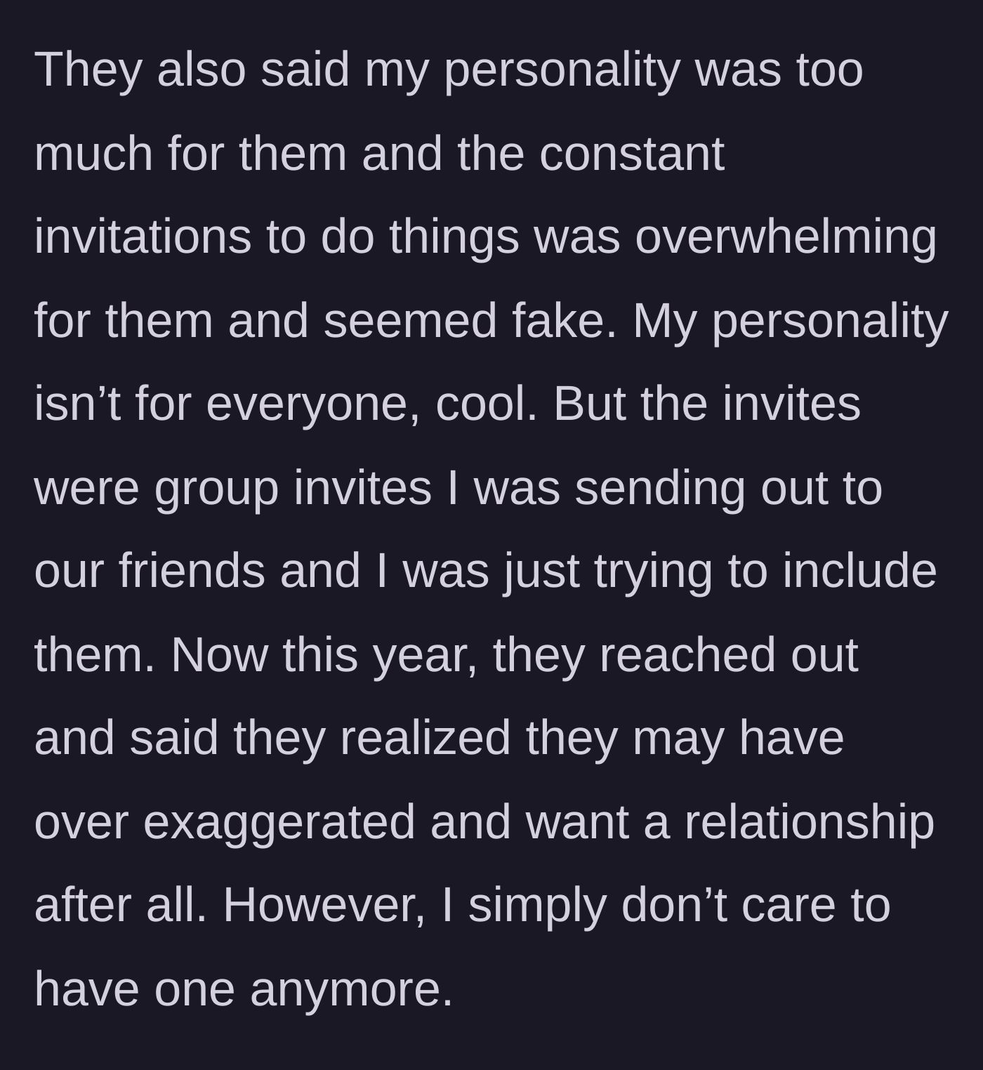 Story part 3 - Text revealing the in-laws thought her personality was too much and group invites were fake.