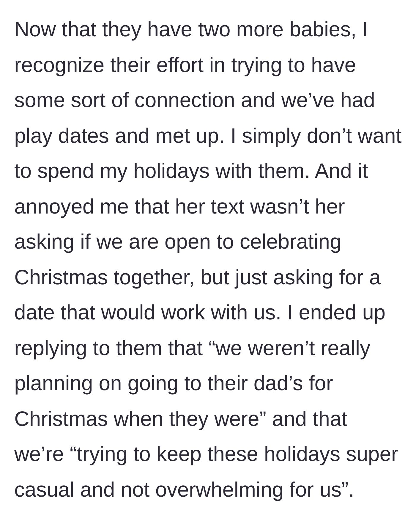 Story part 5 - Text showing the sister-in-law assuming they will spend Christmas together and the main character setting a firm boundary.