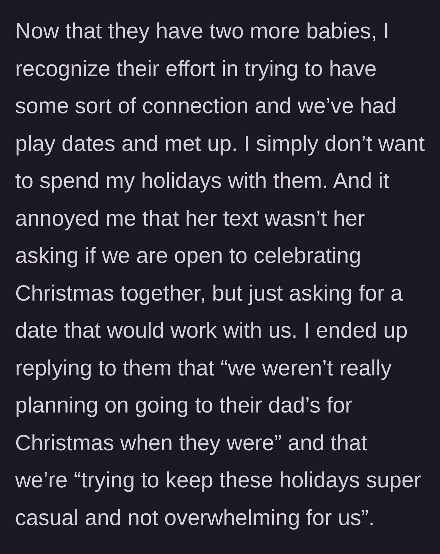 Story part 5 - Text showing the sister-in-law assuming they will spend Christmas together and the main character setting a firm boundary.
