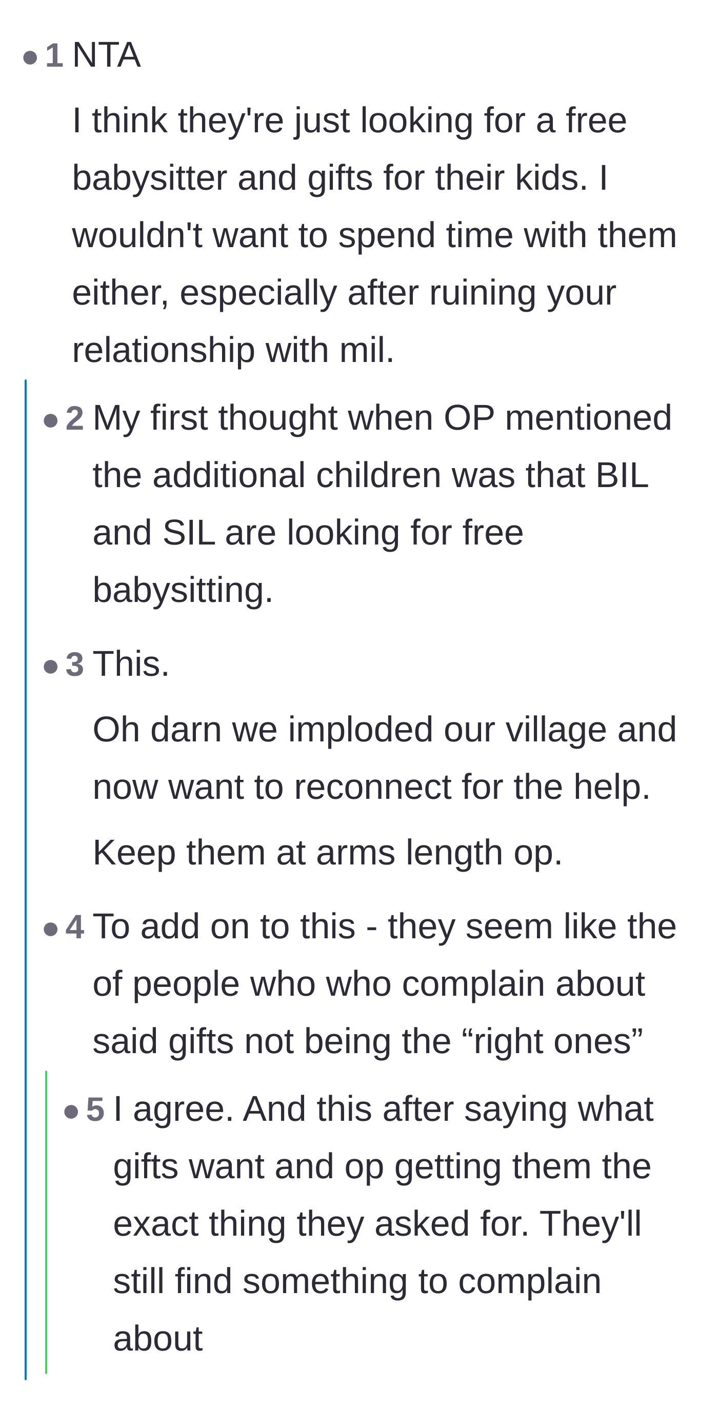 Comment thread 1 - Readers suspect the in-laws only reached out for free babysitting and Christmas gifts.