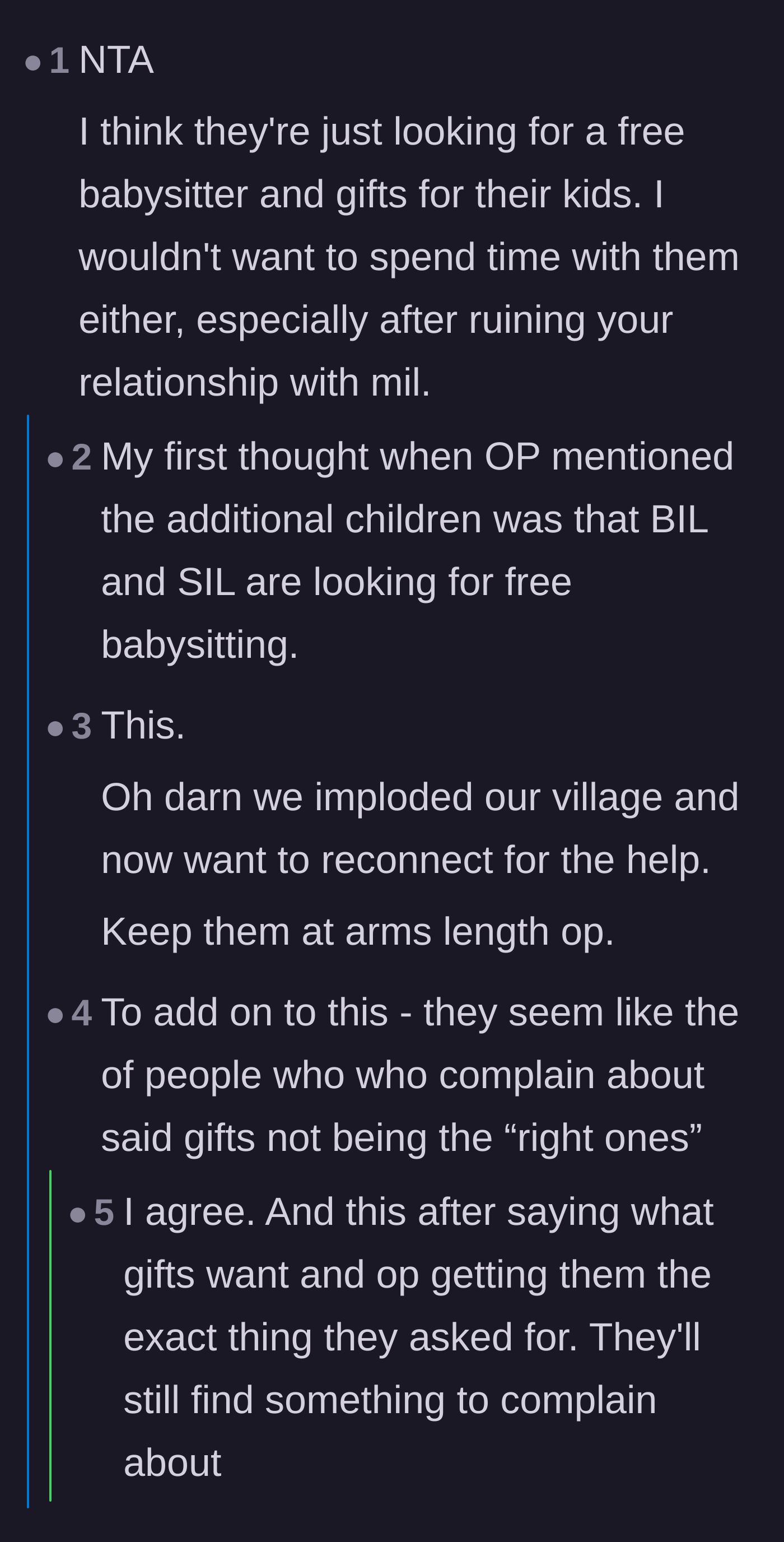 Comment thread 1 - Readers suspect the in-laws only reached out for free babysitting and Christmas gifts.