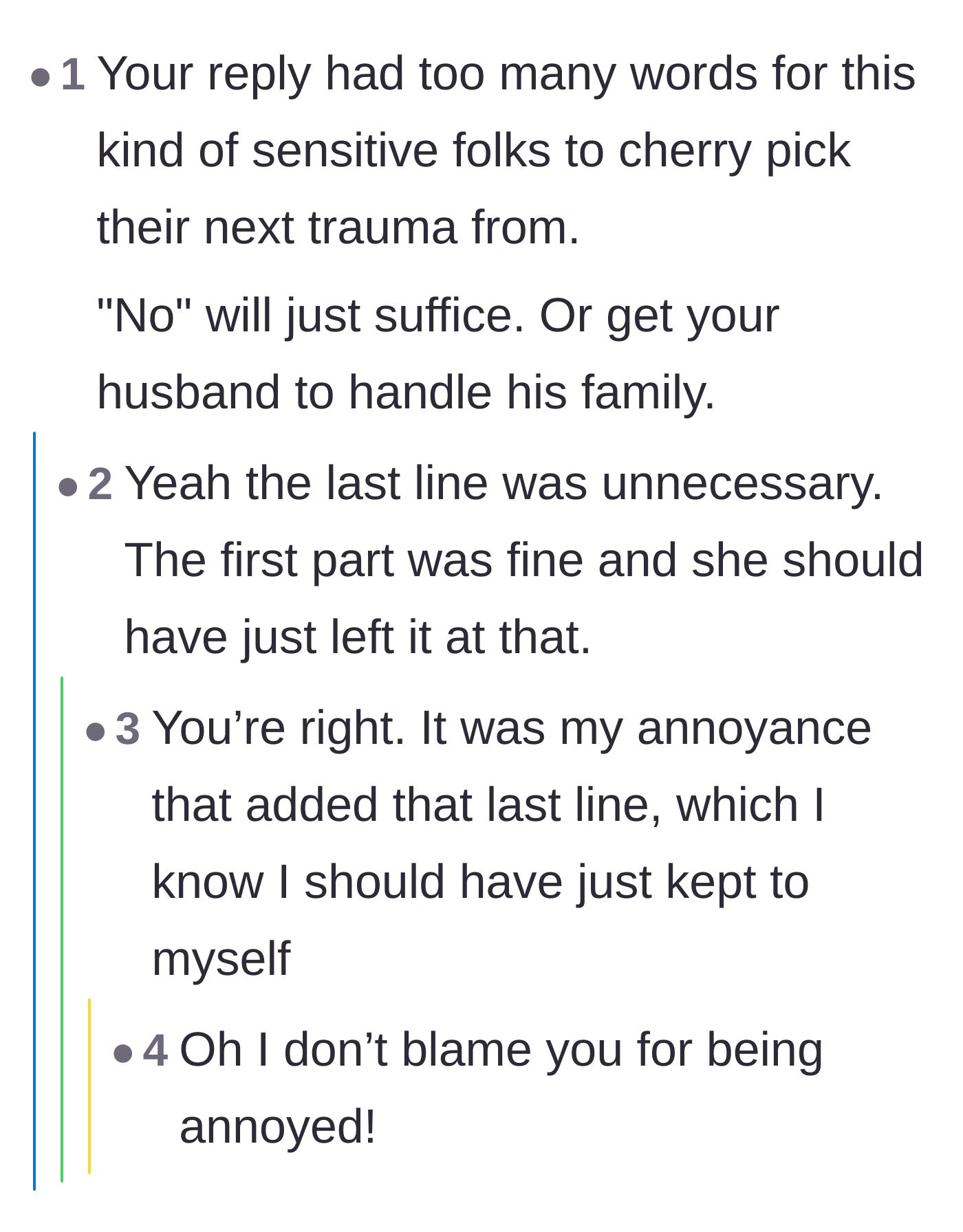 Comment thread 3 - Advice telling the author to use fewer words because the in-laws will weaponize them.