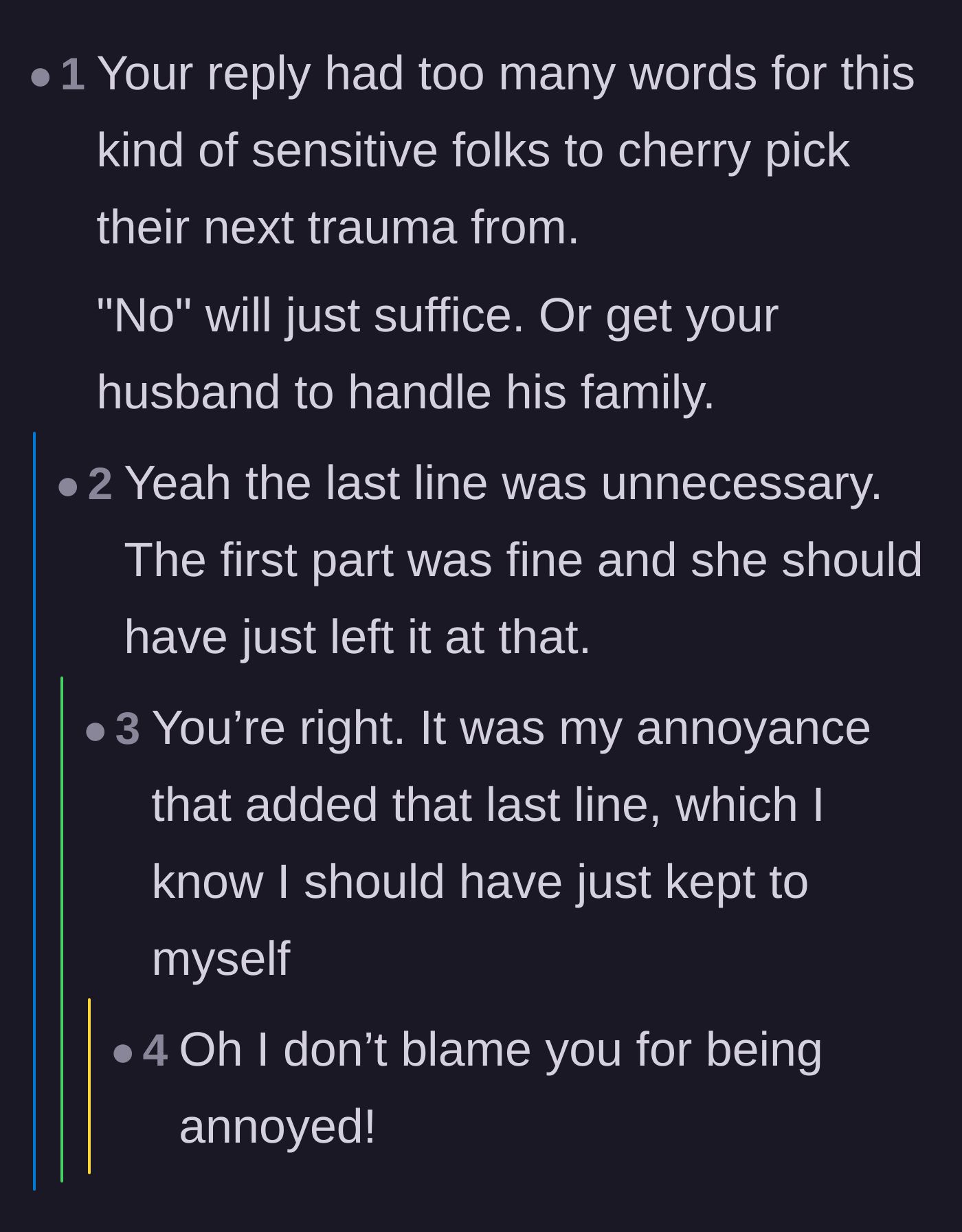 Comment thread 3 - Advice telling the author to use fewer words because the in-laws will weaponize them.