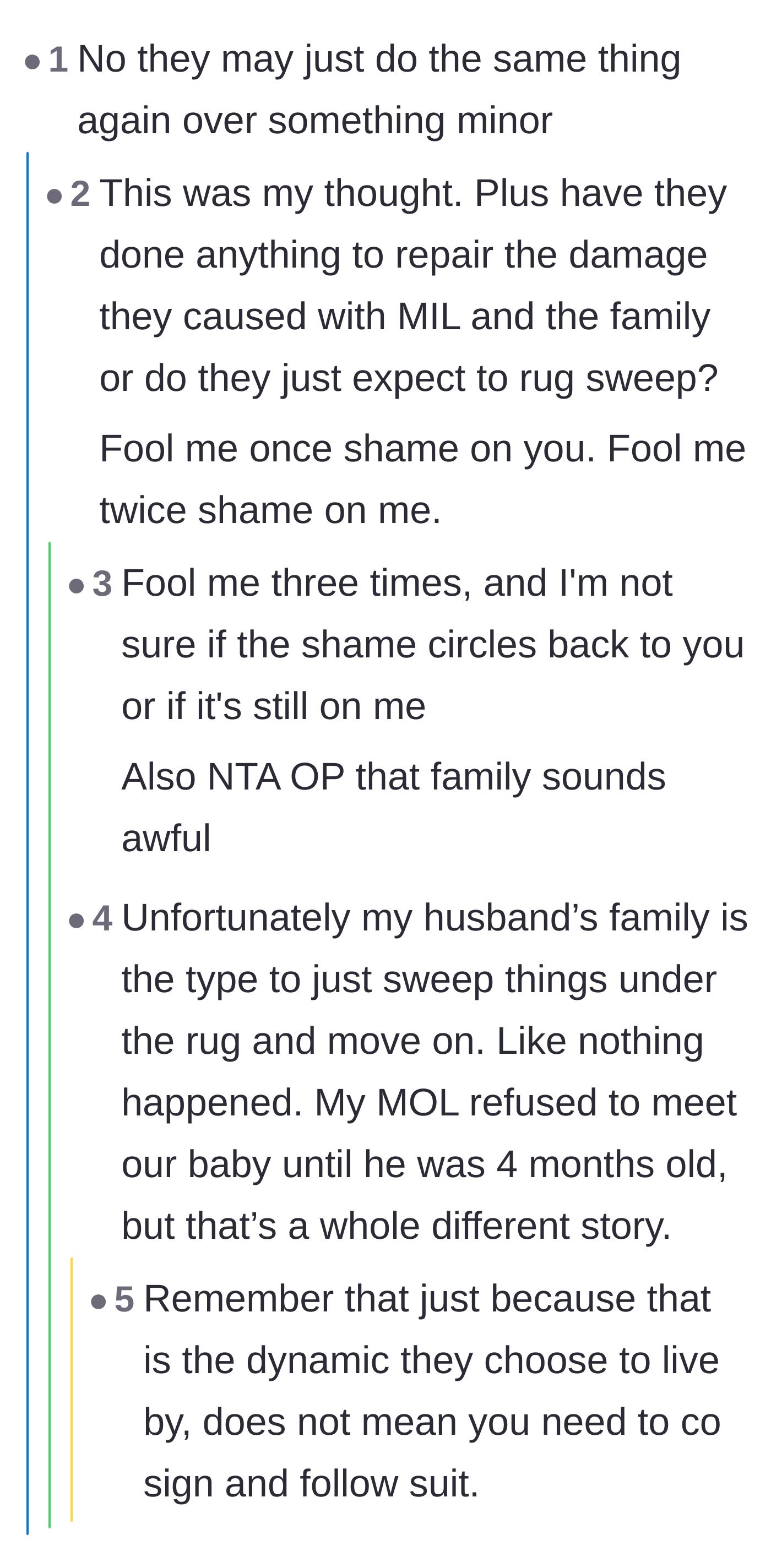 Comment thread 5 - Discussion about how the in-laws will likely repeat the behavior and how the family sweeps trauma under the rug.