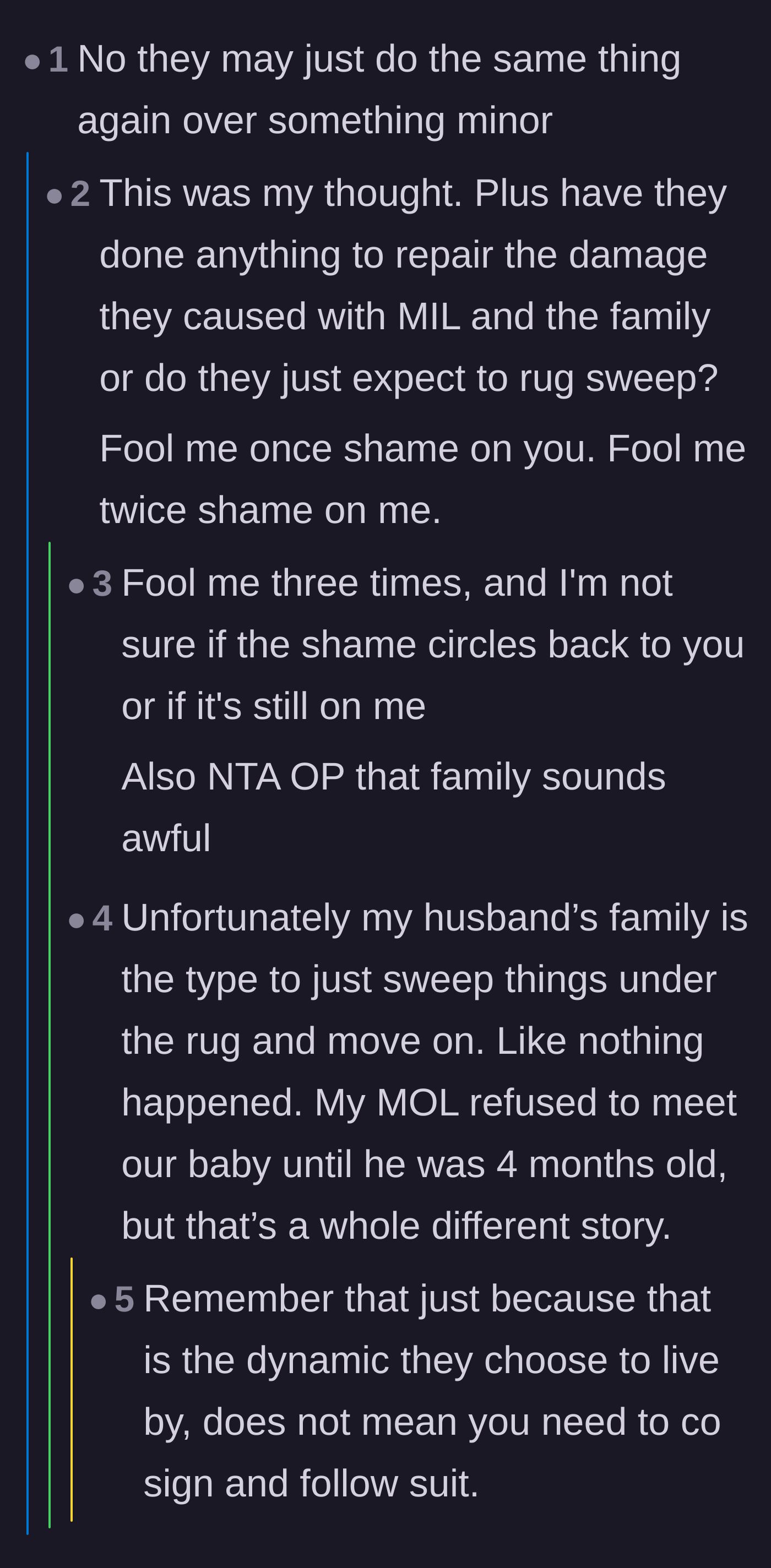 Comment thread 5 - Discussion about how the in-laws will likely repeat the behavior and how the family sweeps trauma under the rug.