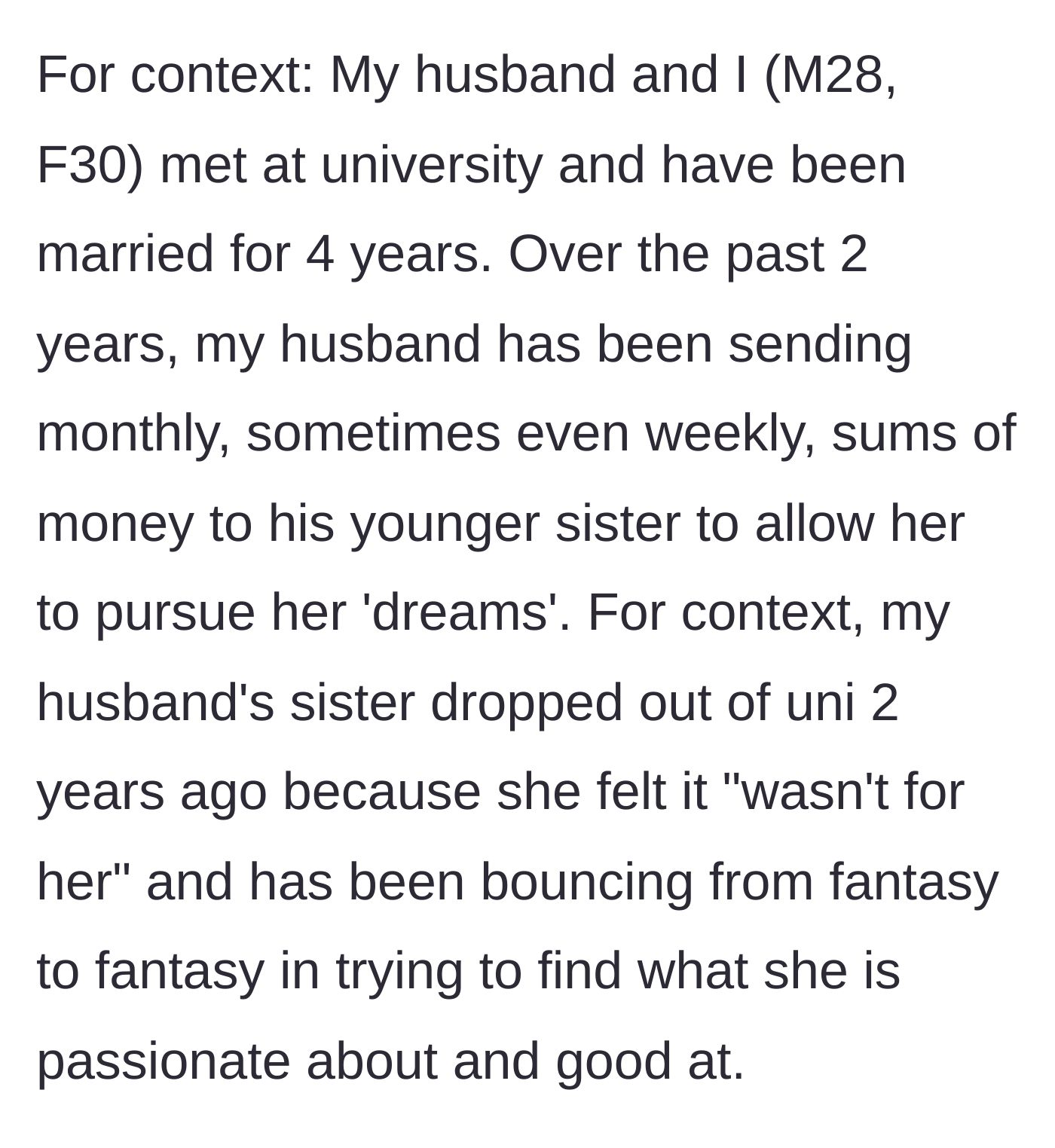 Story part 1 - Husband uses marital funds to finance his sister's dropped-out university dreams