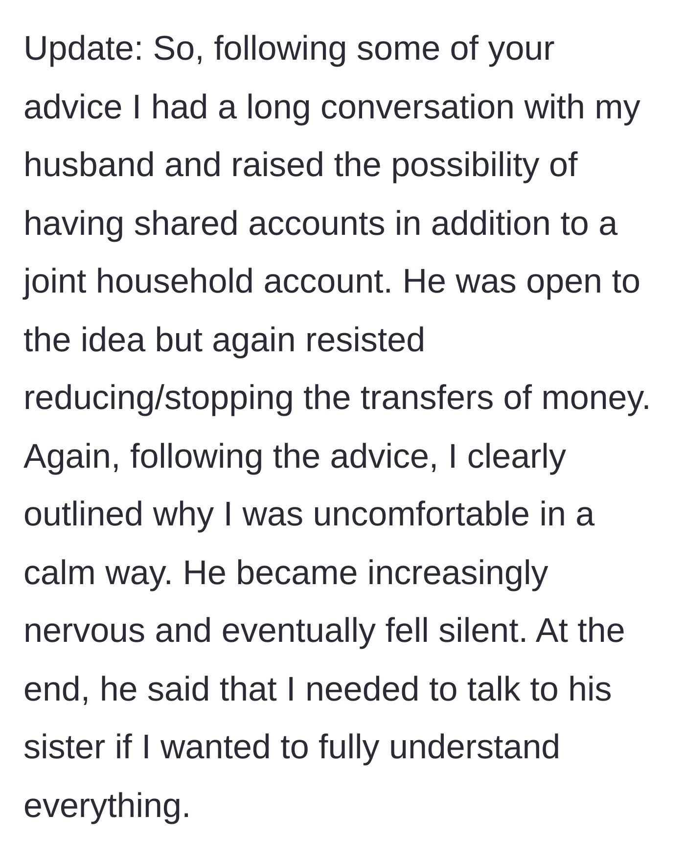 Story part 4 - Wife calmly suggests splitting accounts, and the husband nervously passes the buck to his sister