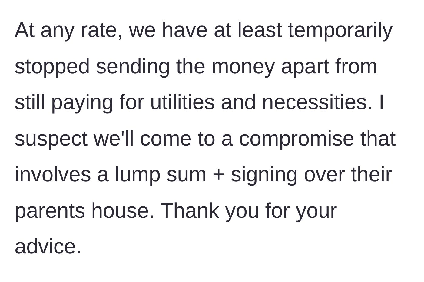 Story part 8 - Payments are paused while the couple negotiates a final, massive compromise