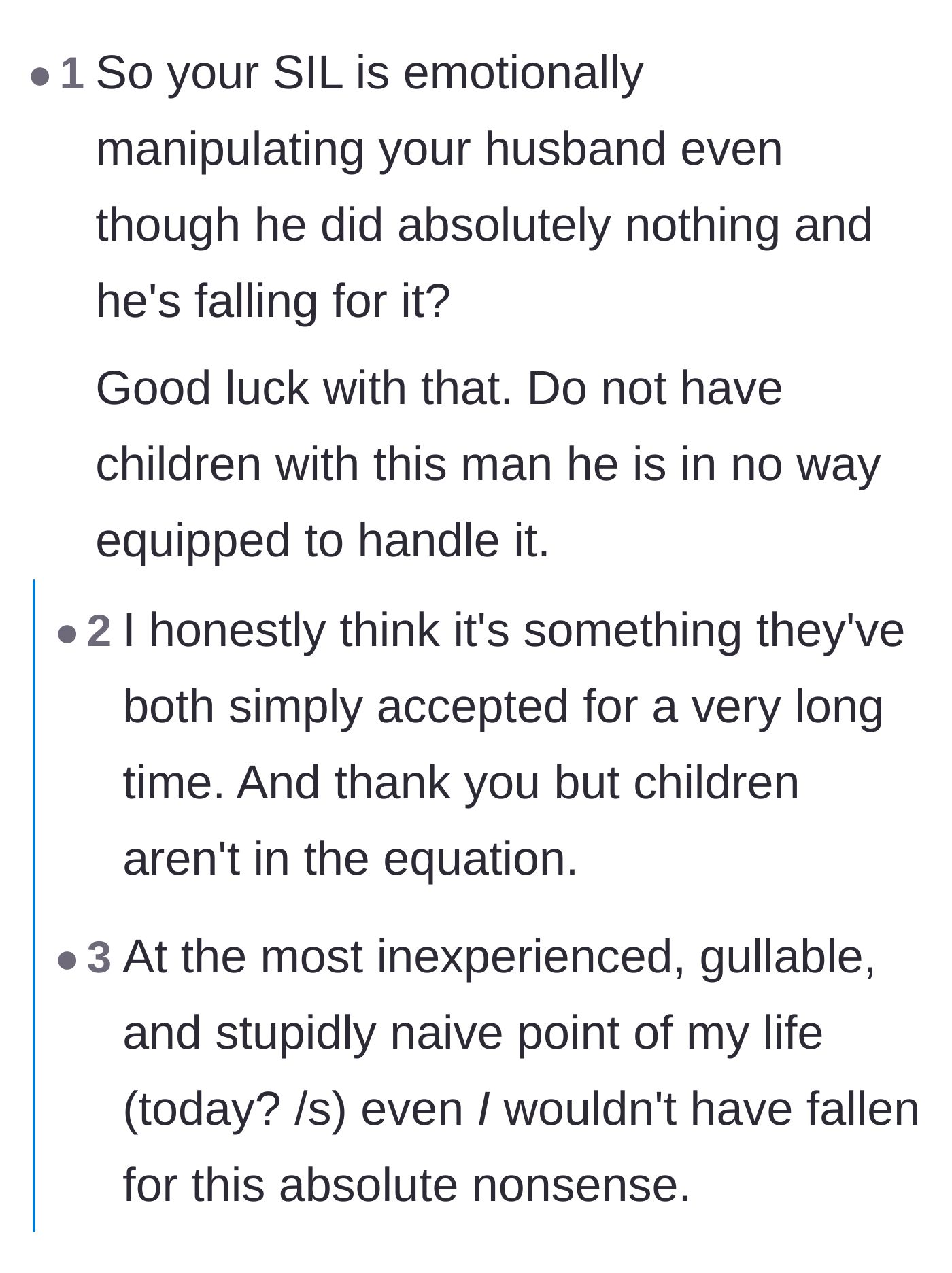 Comment thread 1 - Readers warn the wife about the deep-seated Golden Child and Scapegoat manipulation dynamic and urge her not to have children with her husband.