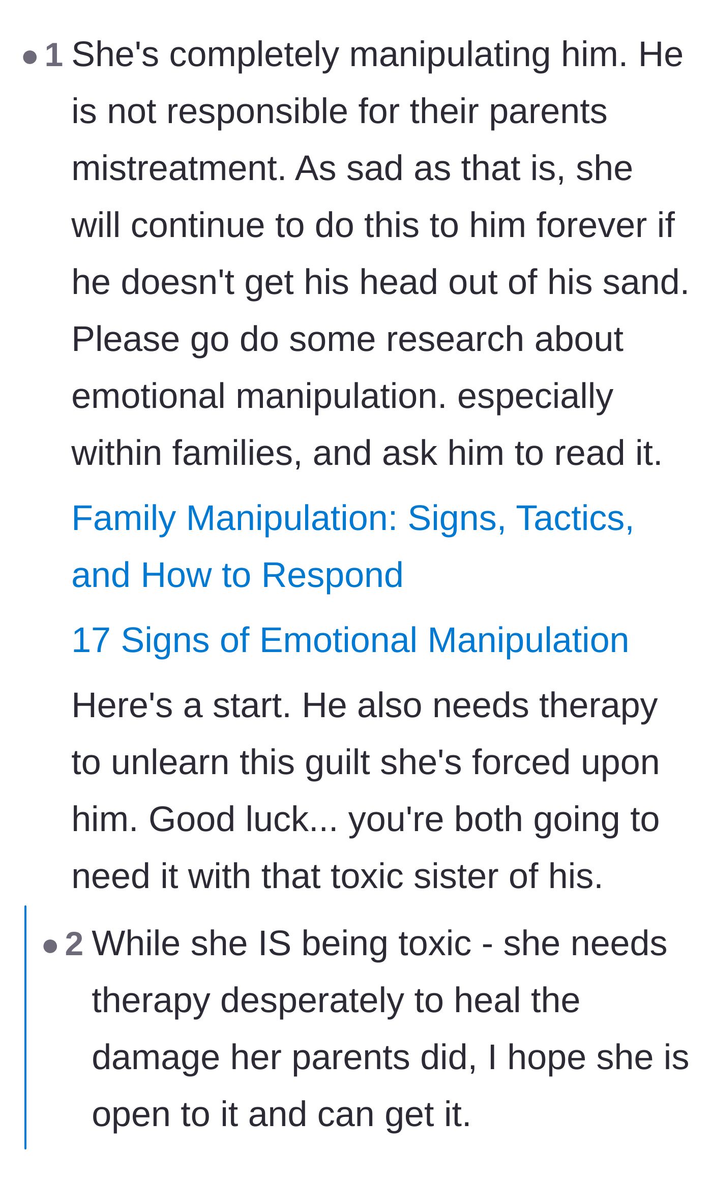 Comment thread 3 - Readers provide resources on recognizing family manipulation tactics and suggest the husband desperately needs therapy.