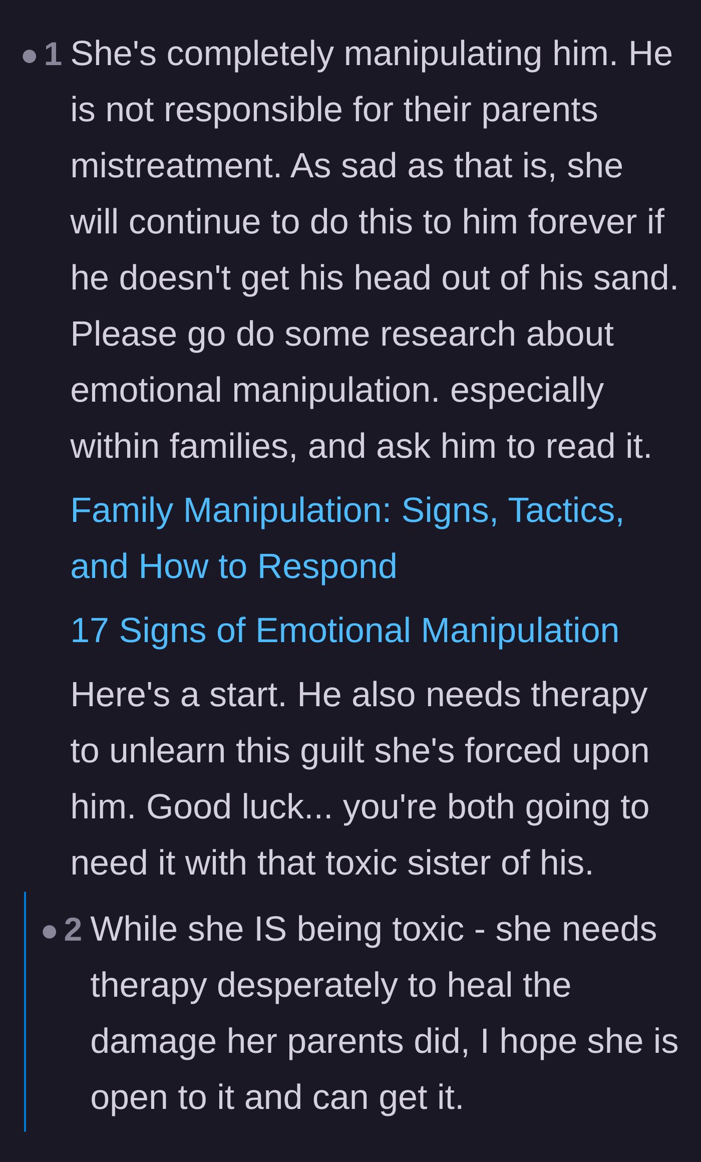 Comment thread 3 - Readers provide resources on recognizing family manipulation tactics and suggest the husband desperately needs therapy.