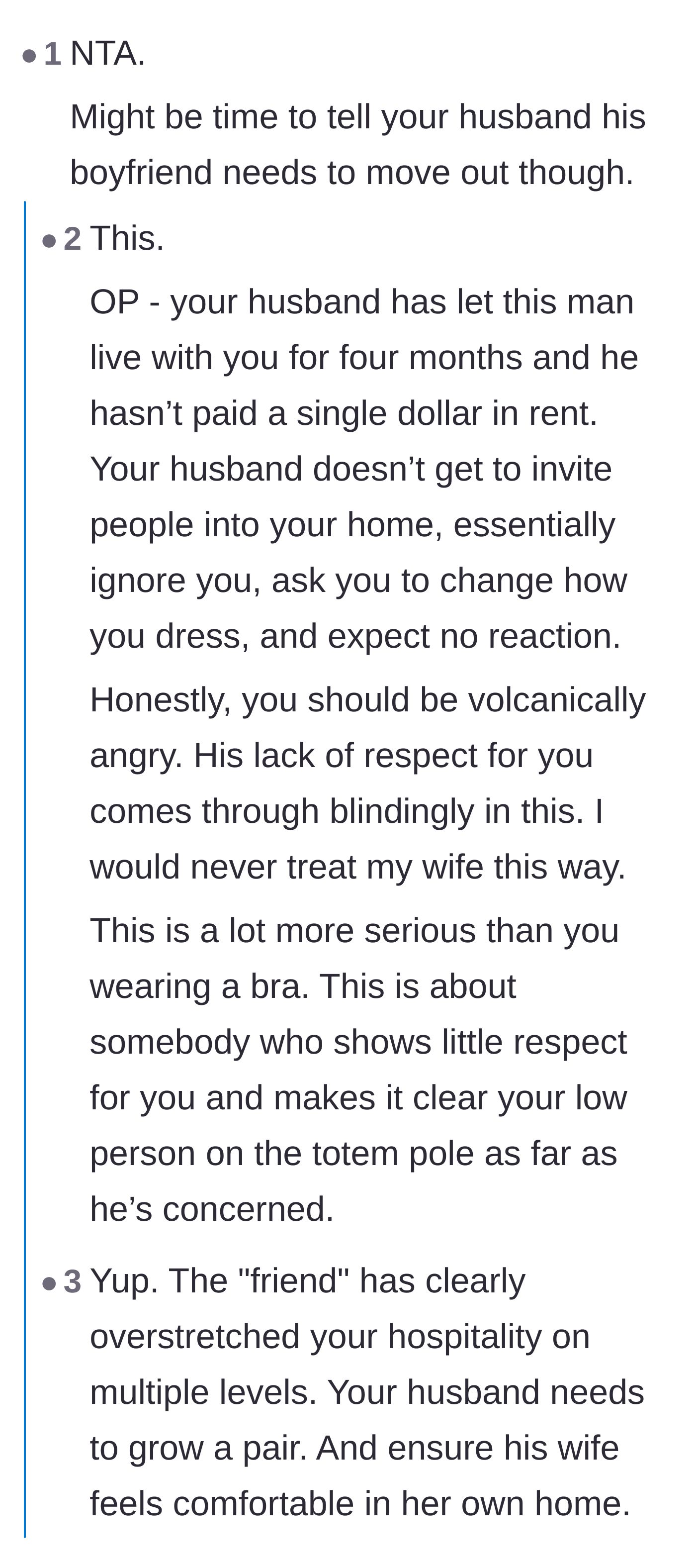 Comment thread 2 - Commenters discuss squatter's rights and suspect the husband is jealous of his friend checking out his wife.