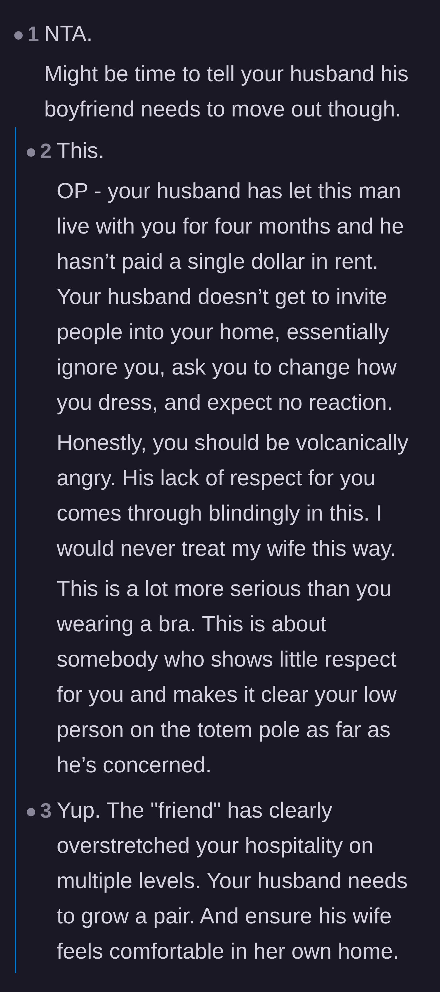 Comment thread 2 - Commenters discuss squatter's rights and suspect the husband is jealous of his friend checking out his wife.