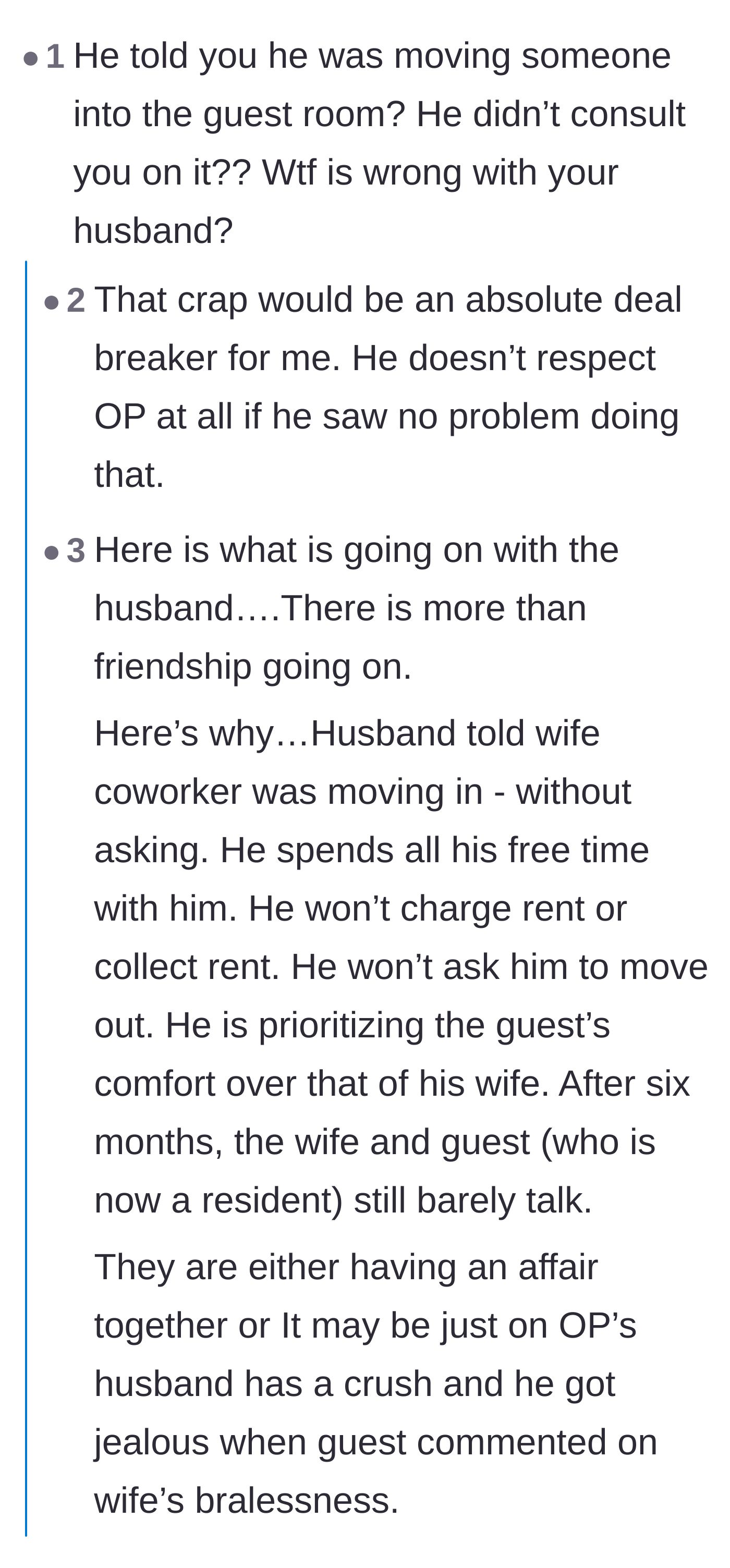 Comment thread 3 - The community brings up the infamous Reddit 'art room' pattern, suspecting a secret romance between the husband and friend.