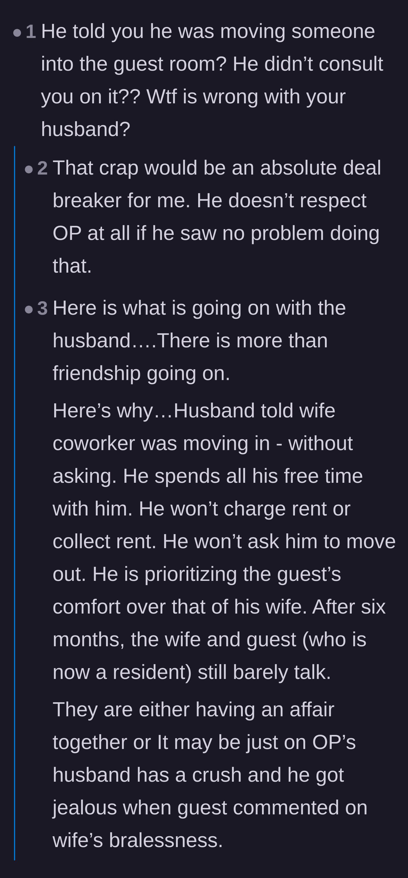 Comment thread 3 - The community brings up the infamous Reddit 'art room' pattern, suspecting a secret romance between the husband and friend.