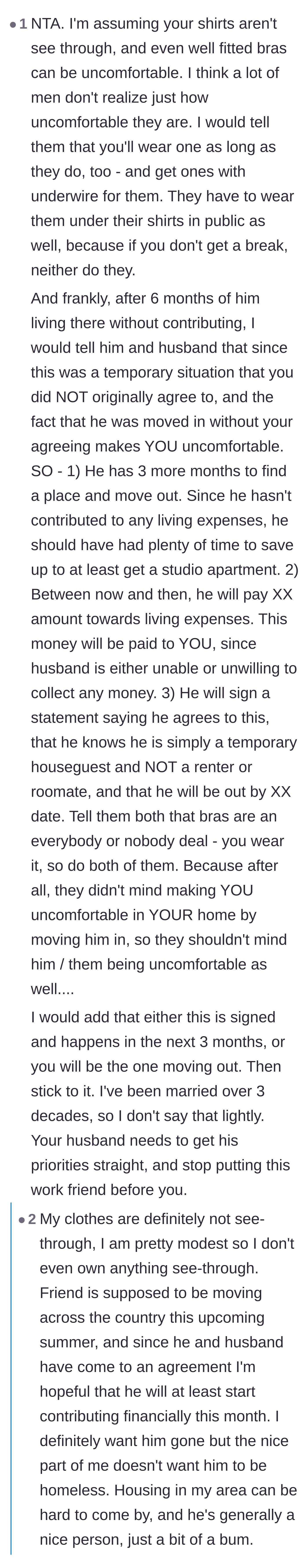 Comment thread 5 - A commenter suggests forcing the men to wear underwire bras, while the wife replies she feels bad making the guest homeless.