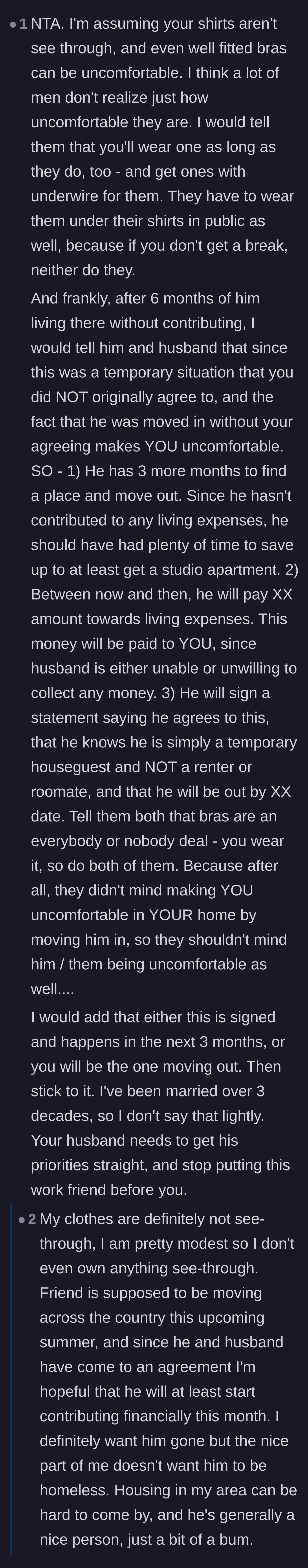 Comment thread 5 - A commenter suggests forcing the men to wear underwire bras, while the wife replies she feels bad making the guest homeless.