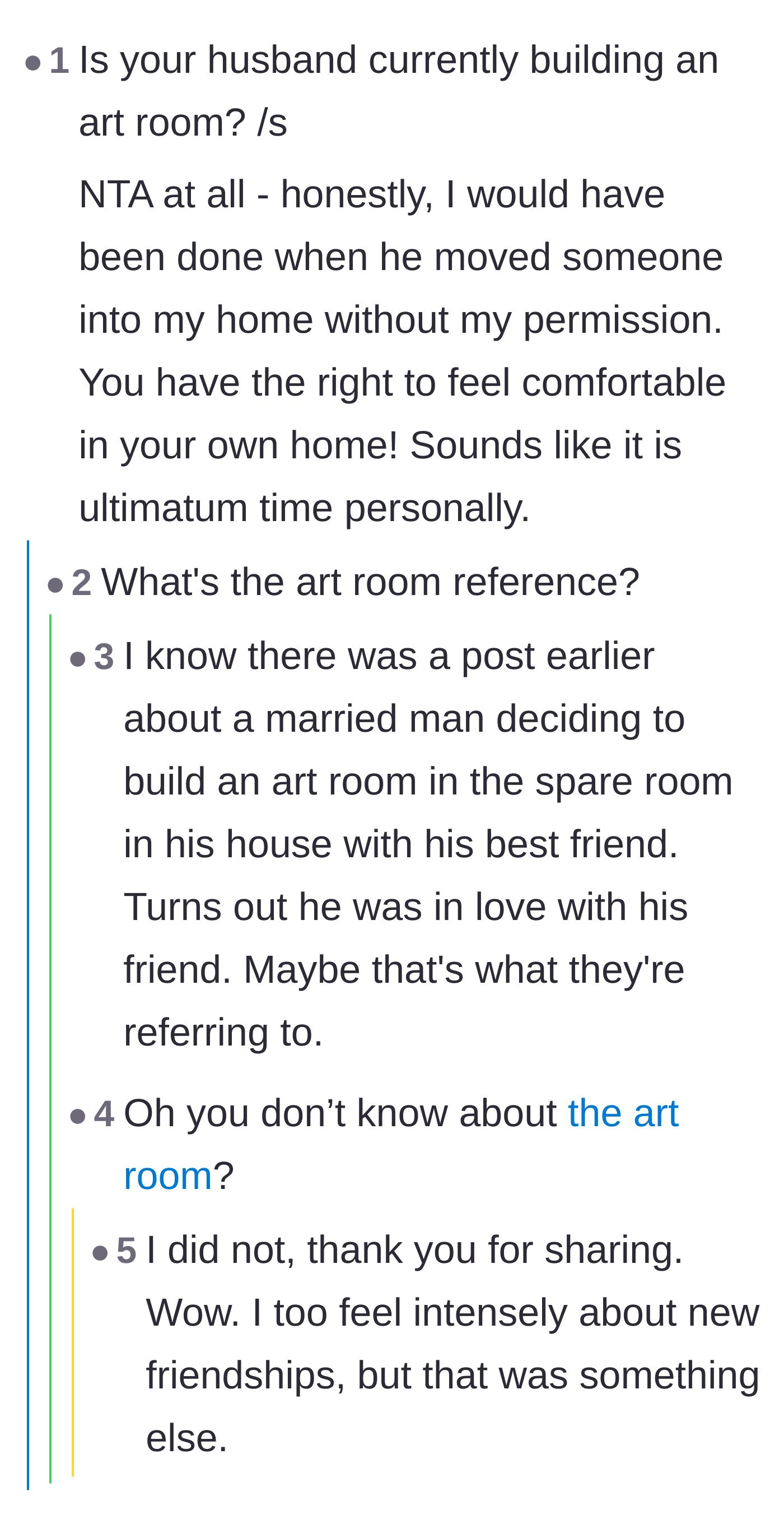 Comment thread 6 - More art room jokes and calls for the wife to issue a strict ultimatum.