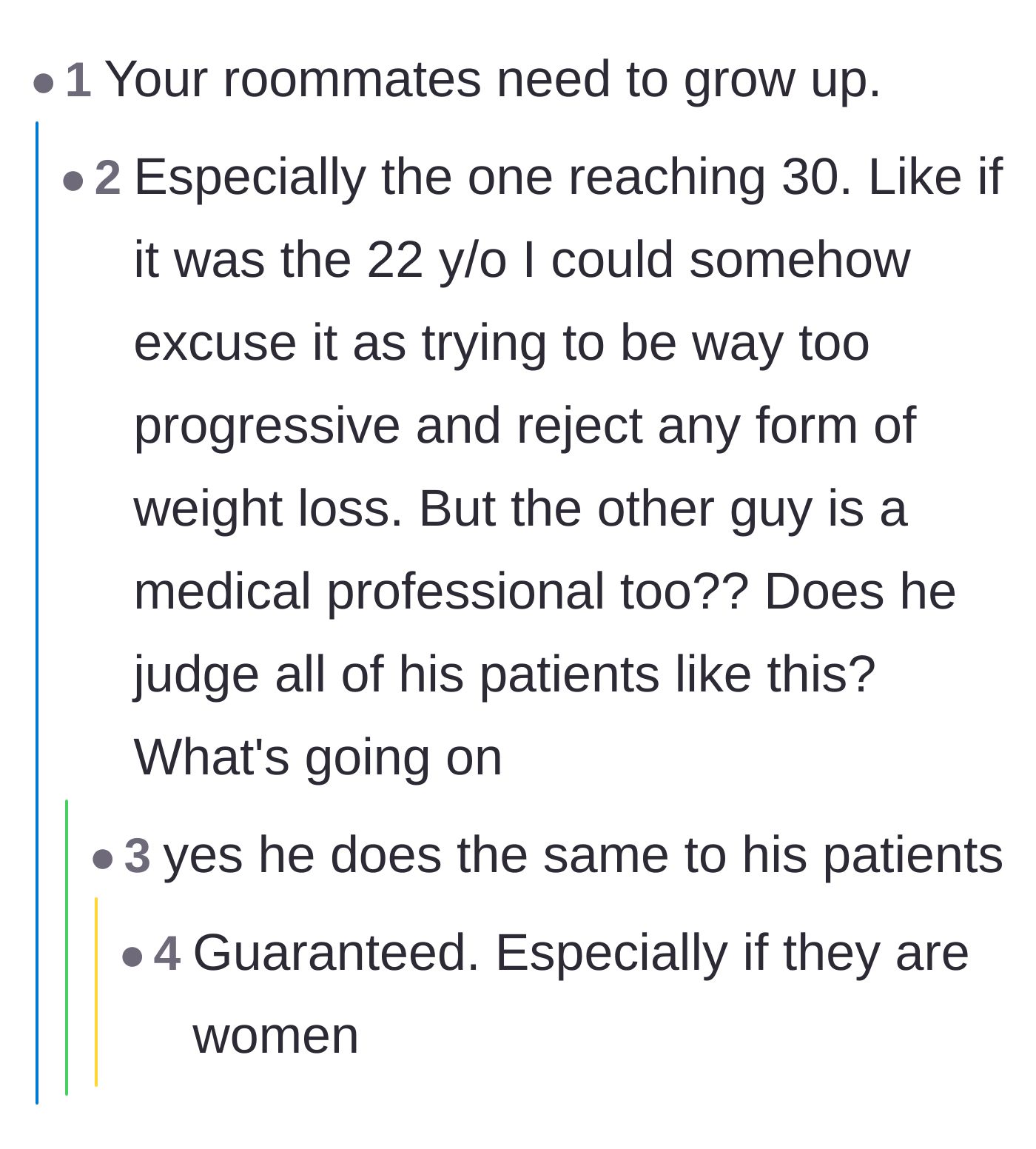 Comment thread 3 - Questioning how the male roommate's judgmental behavior translates to his treatment of actual patients.
