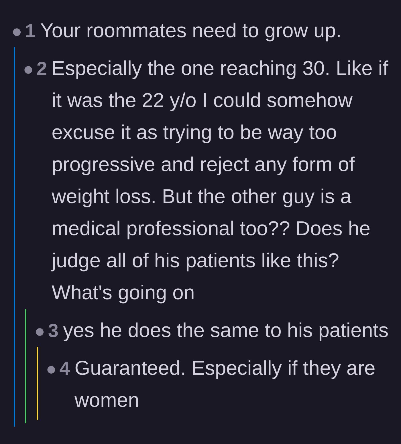 Comment thread 3 - Questioning how the male roommate's judgmental behavior translates to his treatment of actual patients.