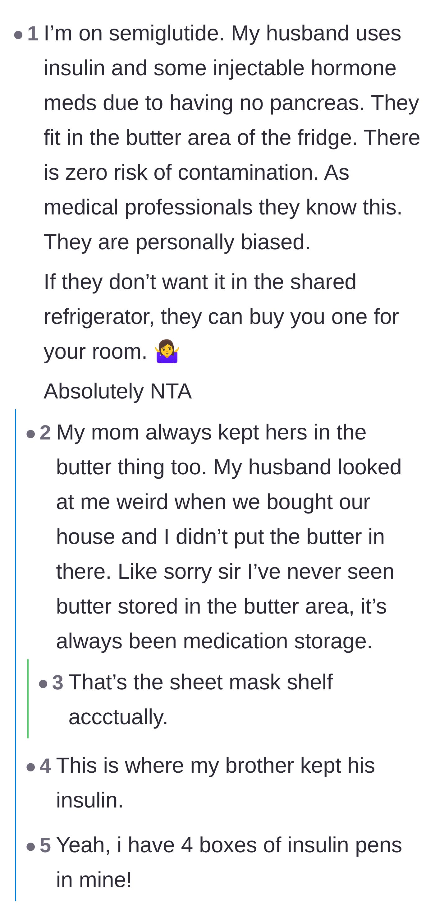 Comment thread 5 - Users sharing their own experiences safely storing various injectable medications in communal fridge compartments.
