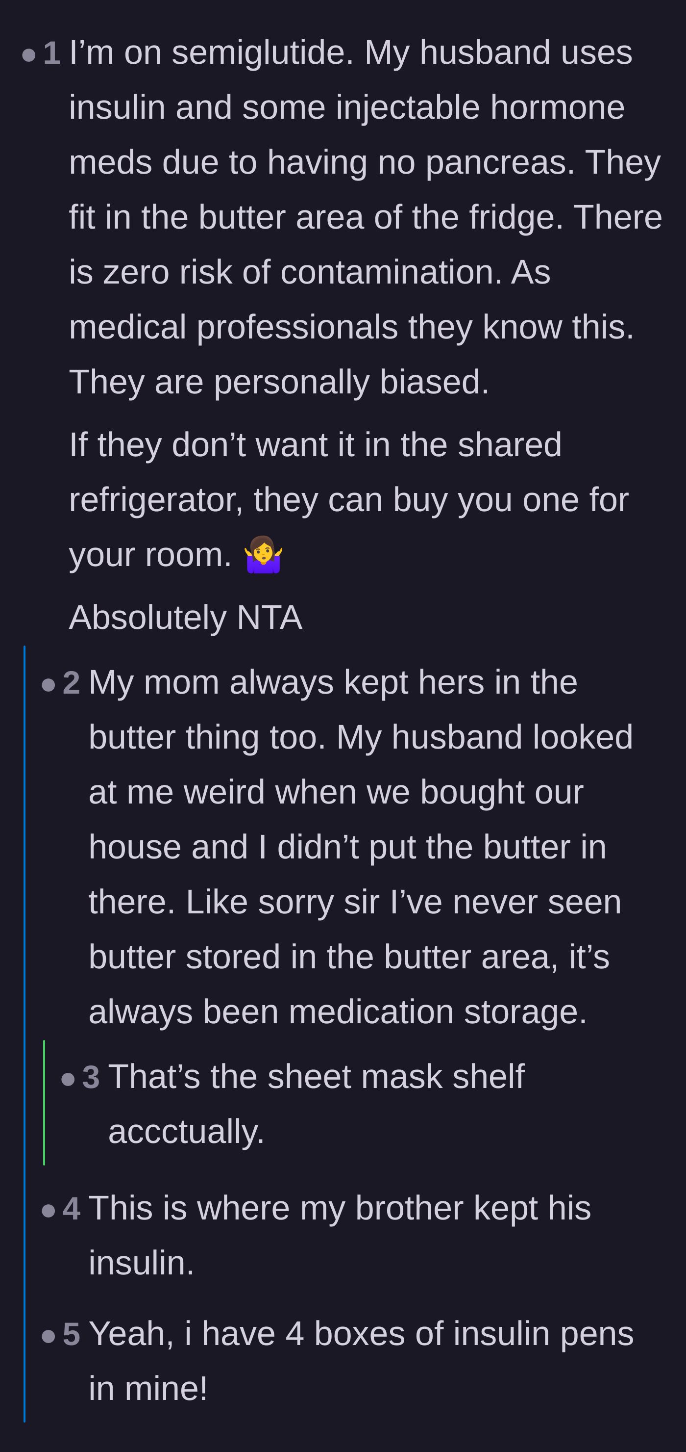 Comment thread 5 - Users sharing their own experiences safely storing various injectable medications in communal fridge compartments.