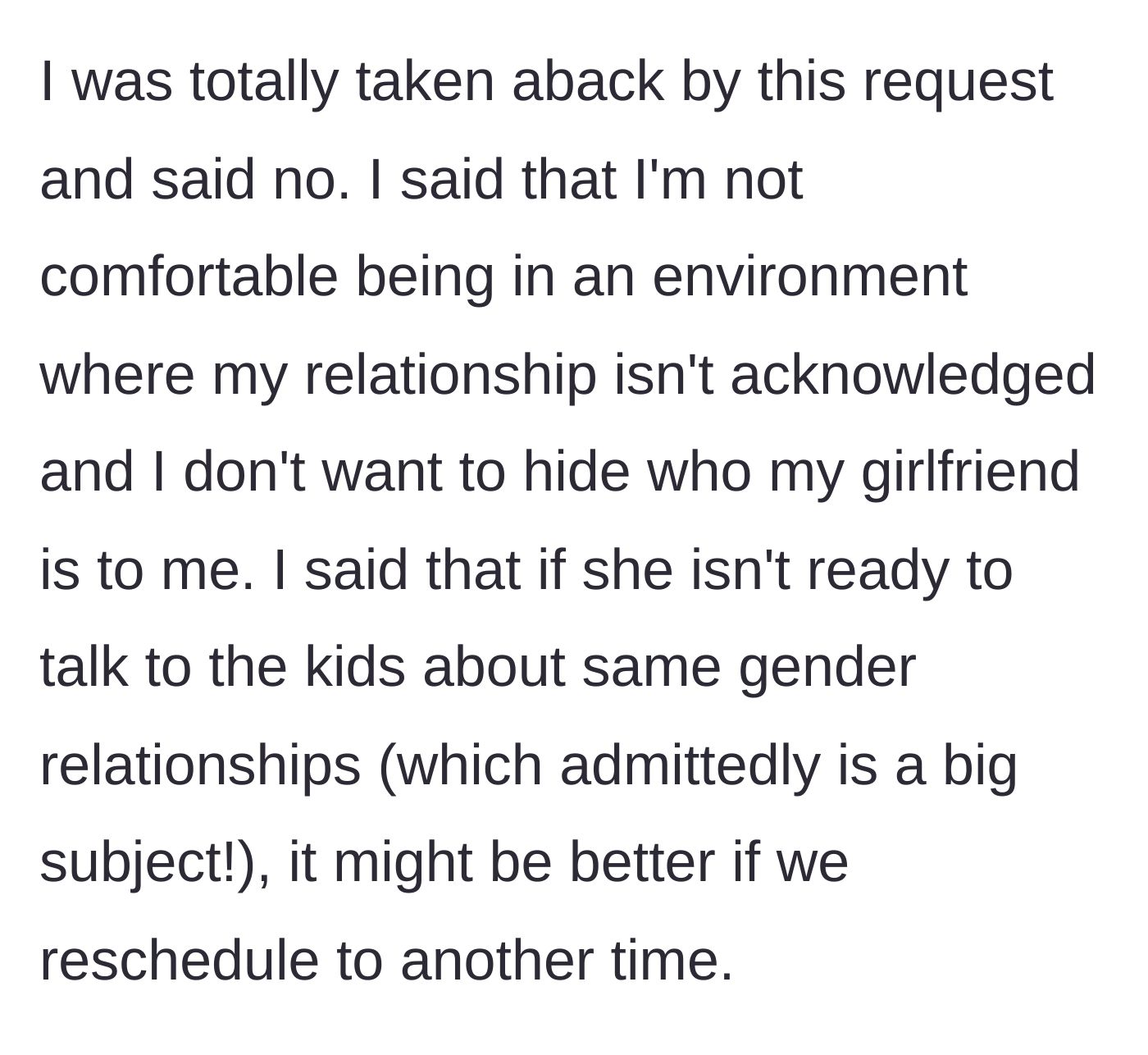 Story part 4 - The author refuses the request, setting a gentle boundary and offering to reschedule instead of hiding her relationship.