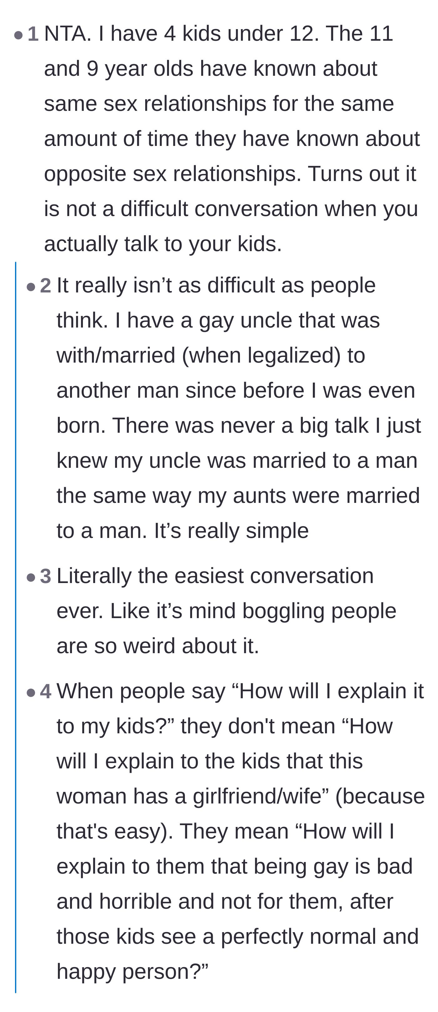 Comment thread 1 - Commenters sharing how effortlessly children understand same-sex relationships when simply told the truth