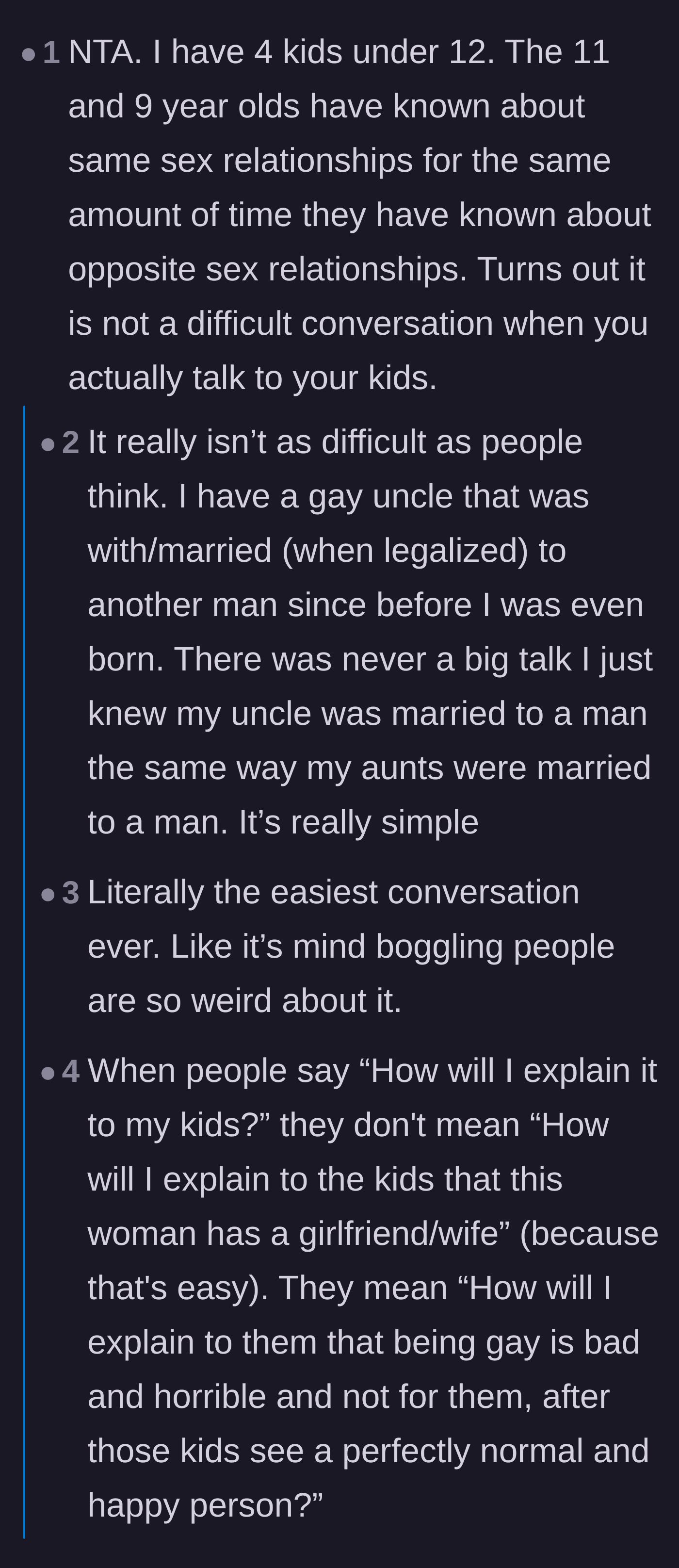 Comment thread 1 - Commenters sharing how effortlessly children understand same-sex relationships when simply told the truth