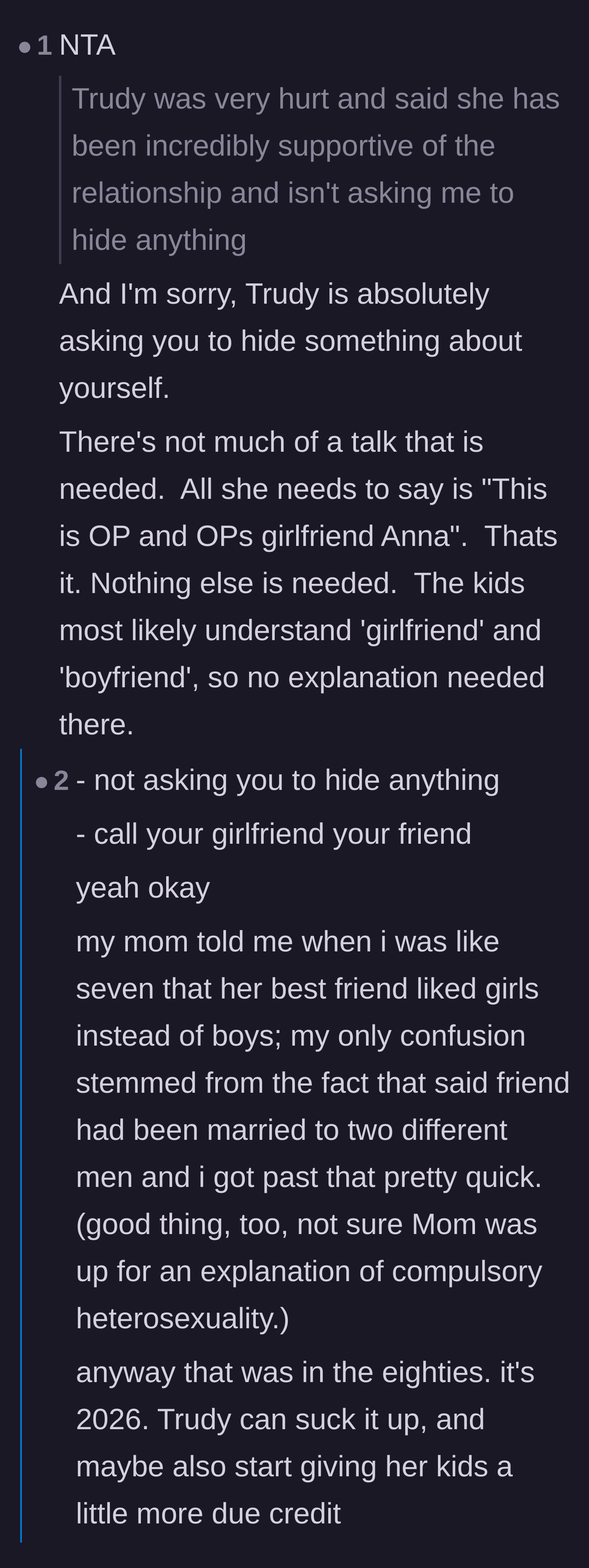 Comment thread 3 - Calling out the glaring contradiction of the friend demanding the relationship be hidden while denying she is doing so