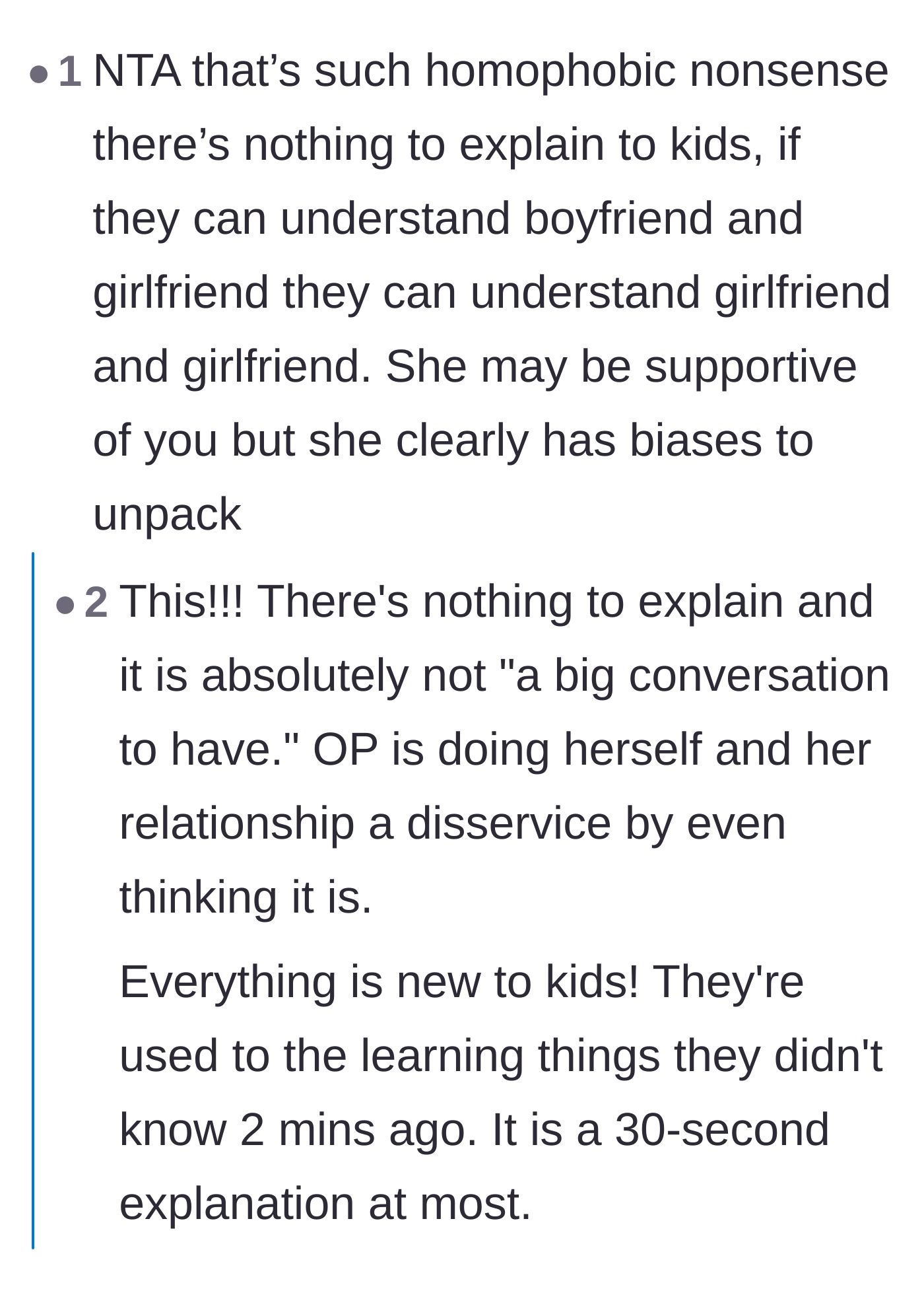 Comment thread 6 - Readers pointing out that children who understand heterosexual couples already have the framework for queer couples