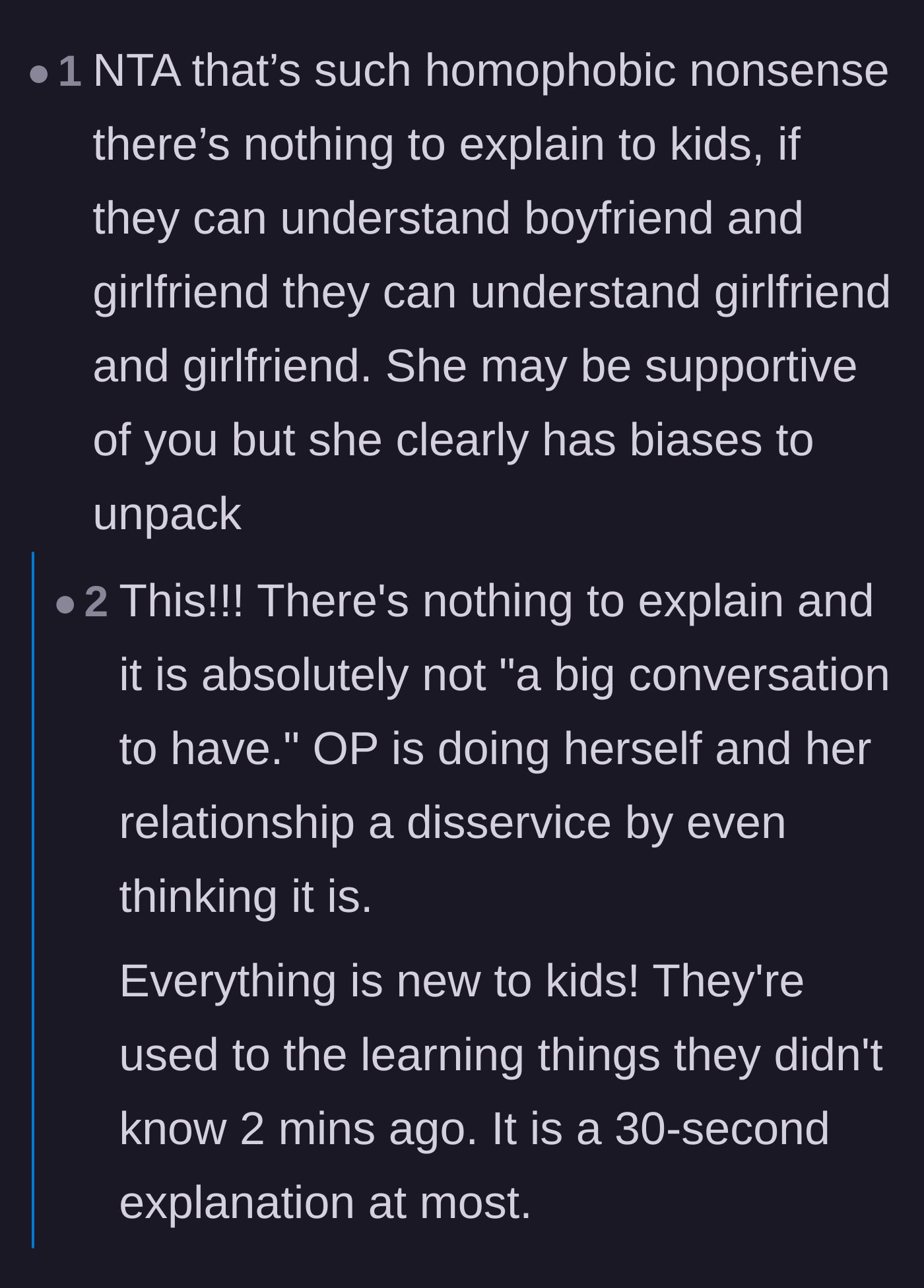 Comment thread 6 - Readers pointing out that children who understand heterosexual couples already have the framework for queer couples