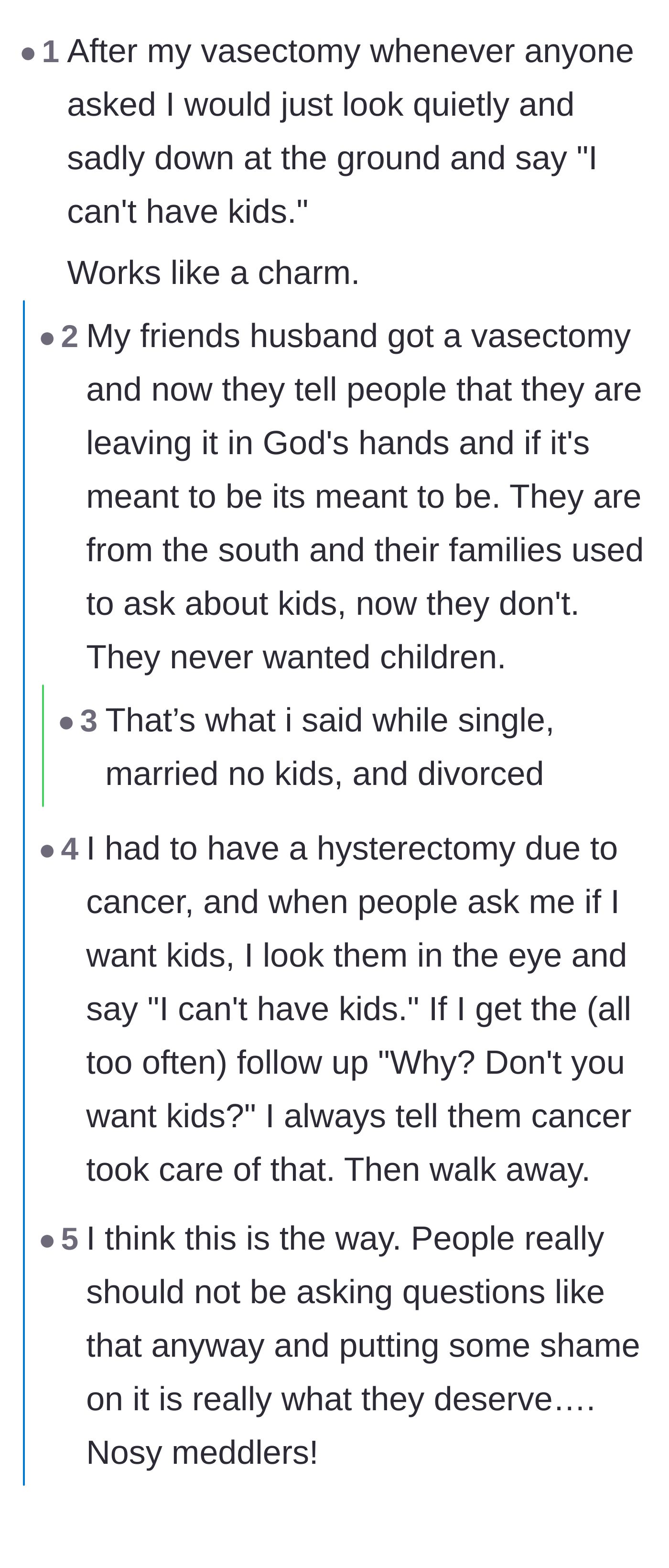 Comment thread 1 - Readers share humorous stories of using their voluntary sterilization to shut down nosy questions and shock medical professionals.