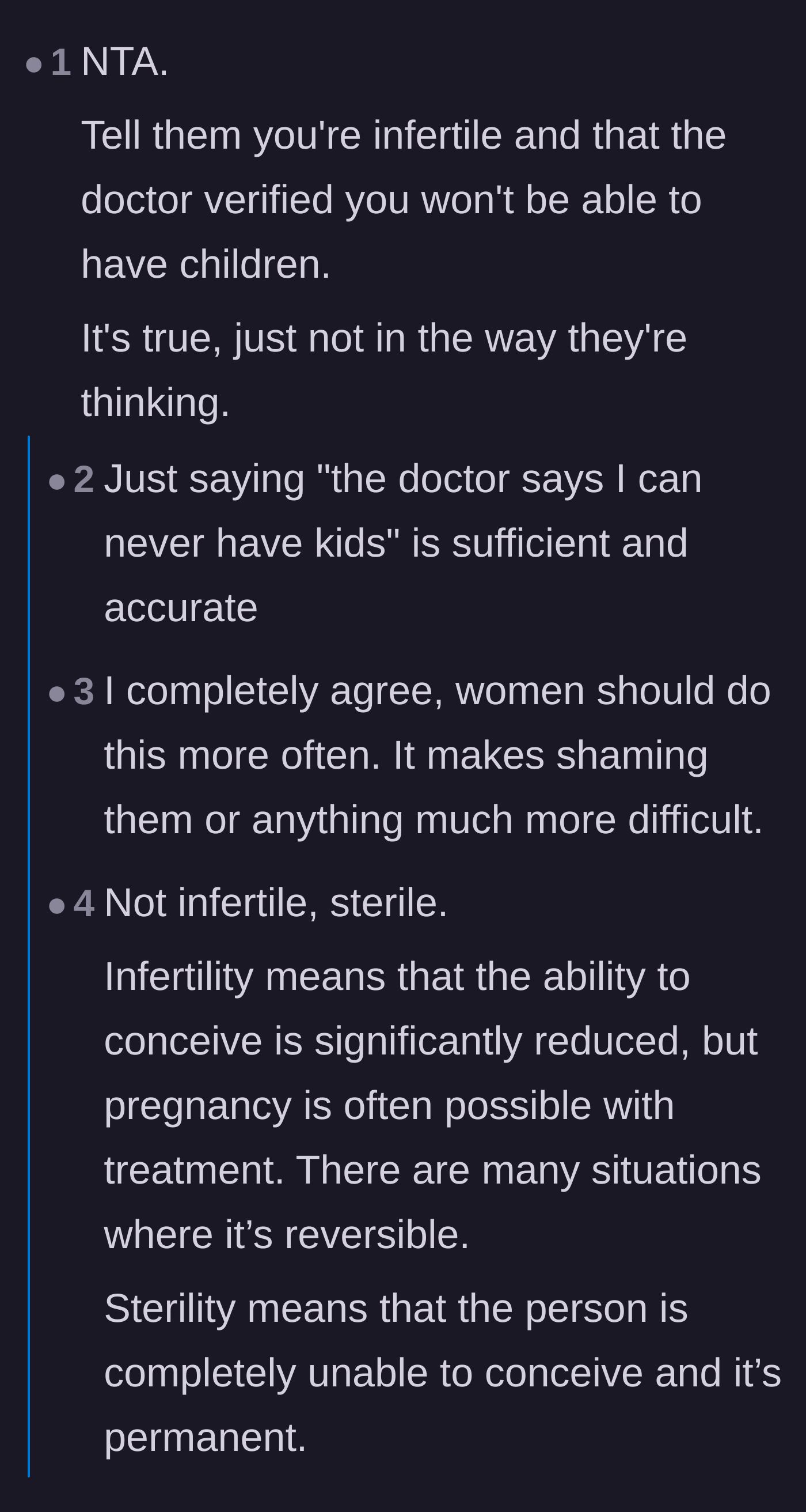 Comment thread 2 - A discussion on the semantics of calling yourself infertile versus sterile after a tubal ligation or removal.